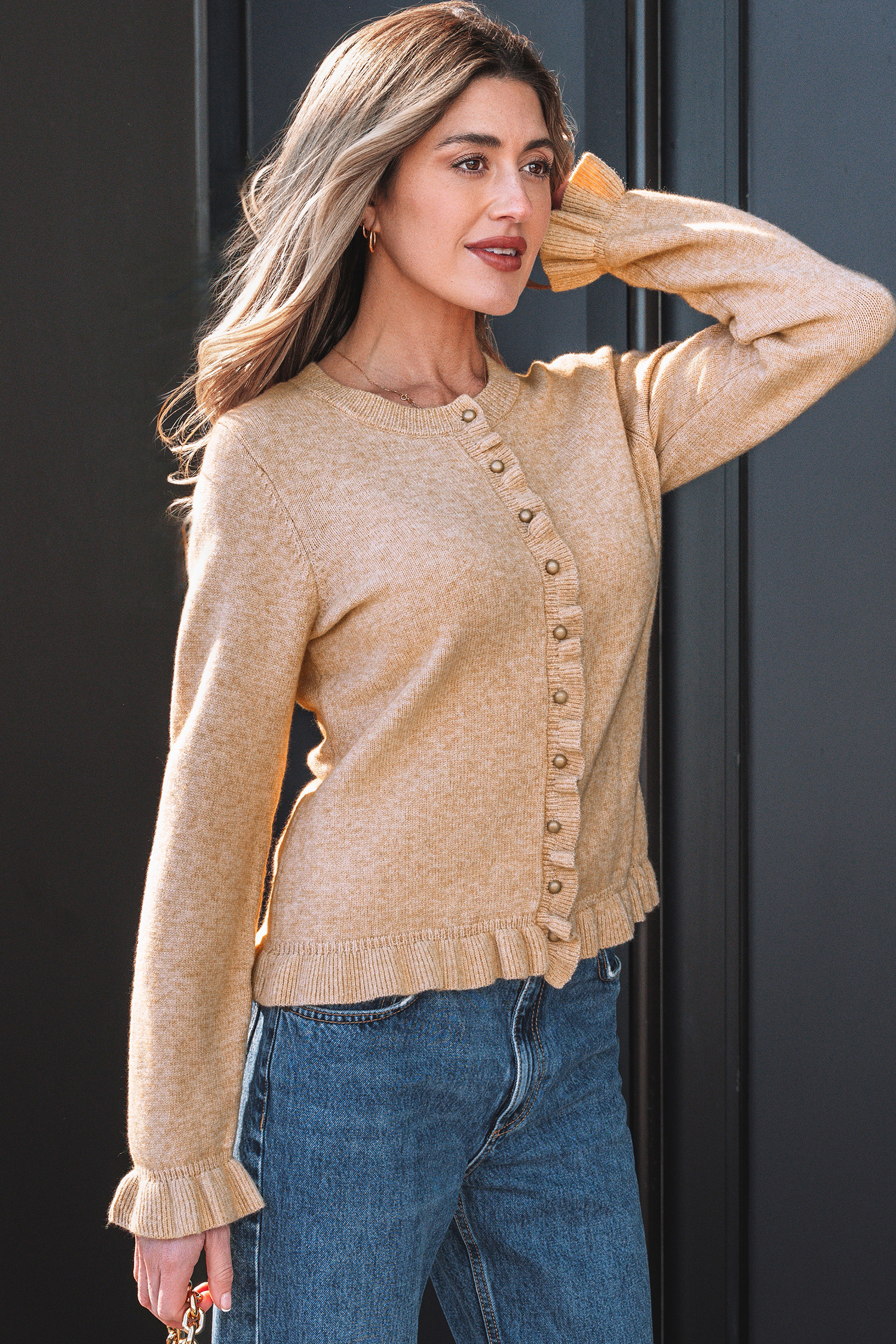 Oatmeal Ruffle Trim Gold Button Sweater Cardigan - loveforevers