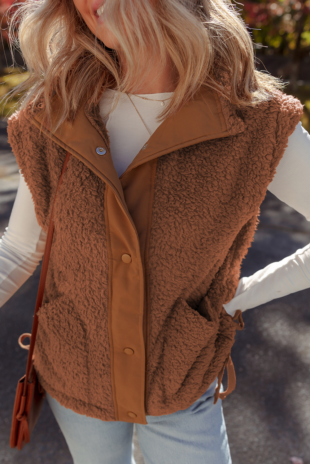 Cinnamon Faux Fur Snap Button Front Knot Side Plush Vest with Pockets - loveforevers