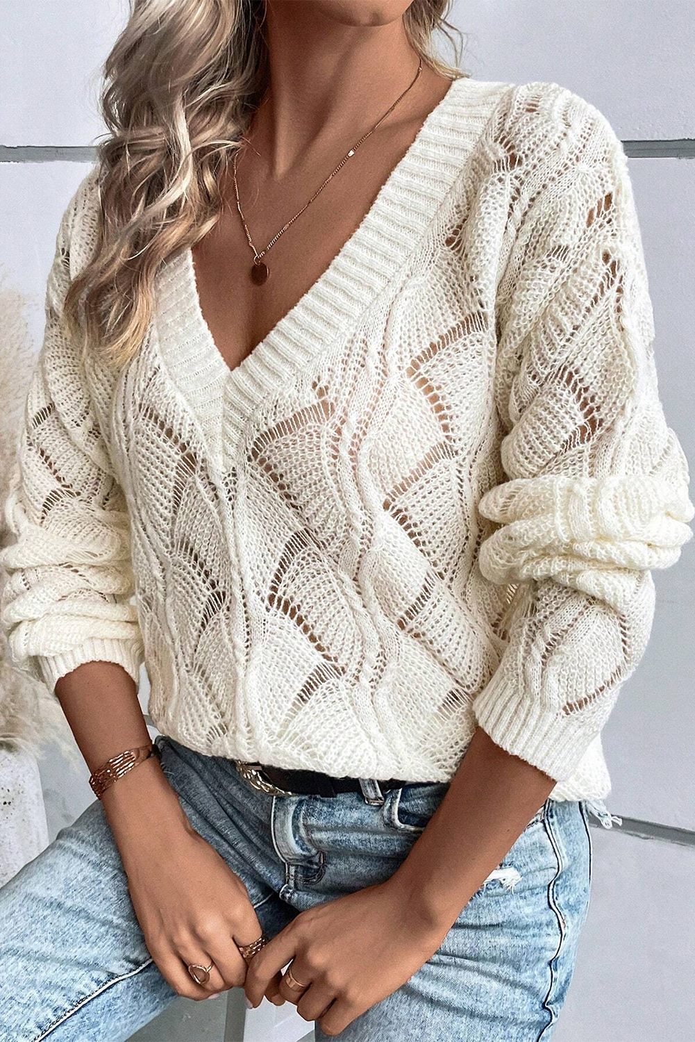 Beige Hollow Out Knit V Neck Drop Shoulder Sweater - loveforevers
