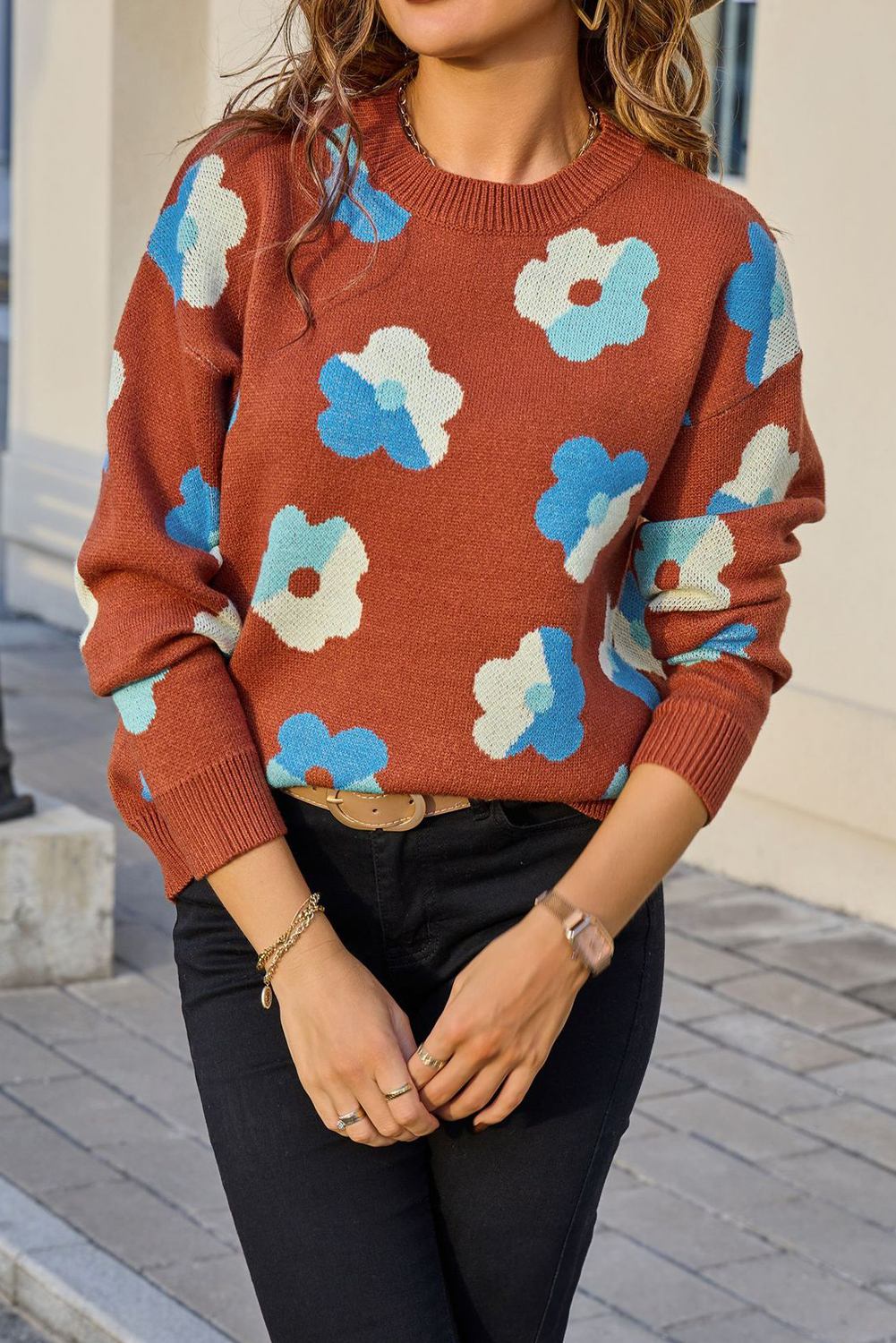 Brown Color Block Flower Cute Pattern Drop Shoulder Bulk Sweater - loveforevers