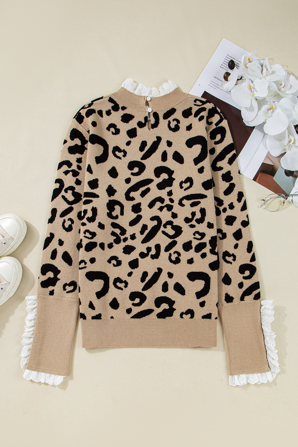 Dearlovers Brown Leopard Pattern Lace Ribbed Detail Button Cuffed Sweater - loveforevers
