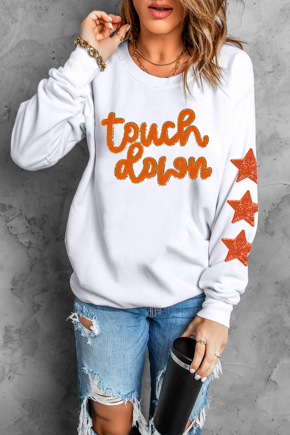 Beige Glittering Touch Down Patched Pattern Star Sleeve Sweatshirt - loveforevers