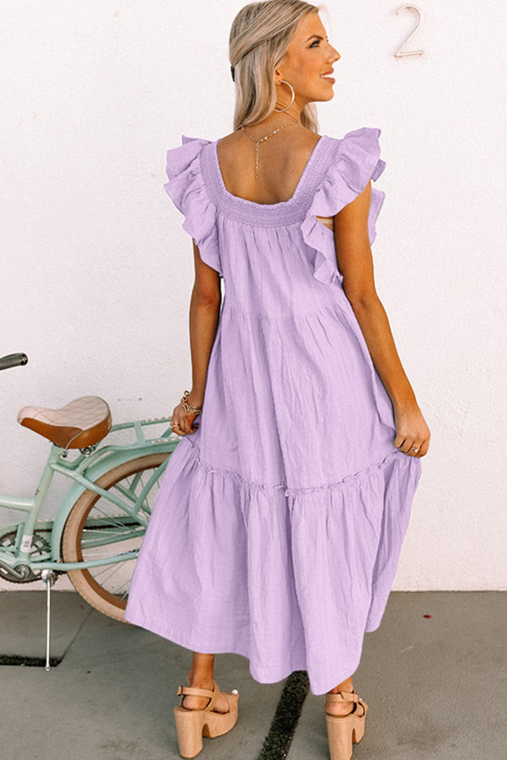 Sky Blue Ruffled Flutter Sleeve Square Neck Textured Tiered Maxi Dress - loveforevers