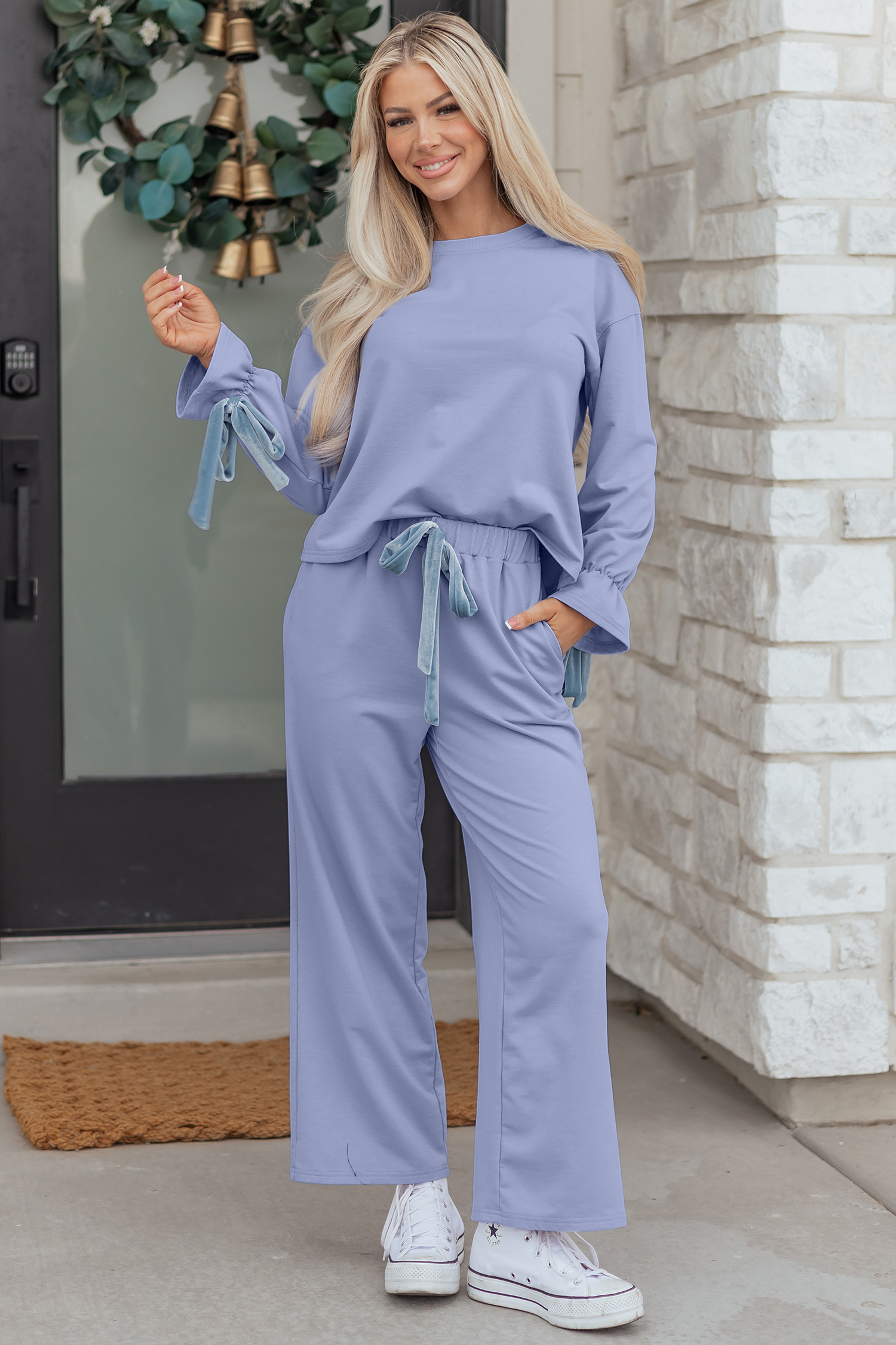 Beau Blue Flounce Long Sleeve Top Drawstring Pants Contrast Velvet Bow Knot 2pcs Lounge Set - loveforevers
