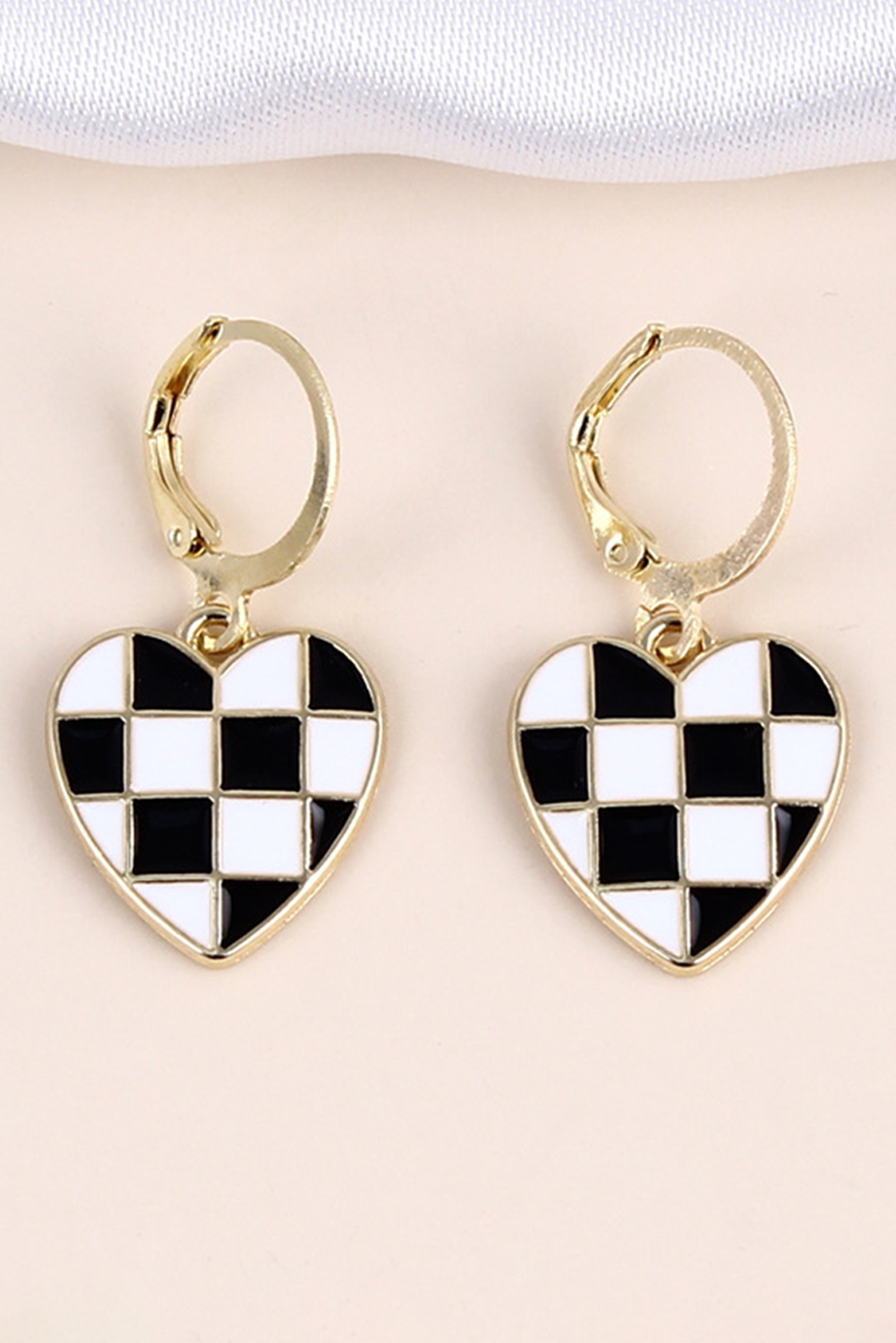 Black Checkered Heart Shape Hoop Dangle Earrings - loveforevers