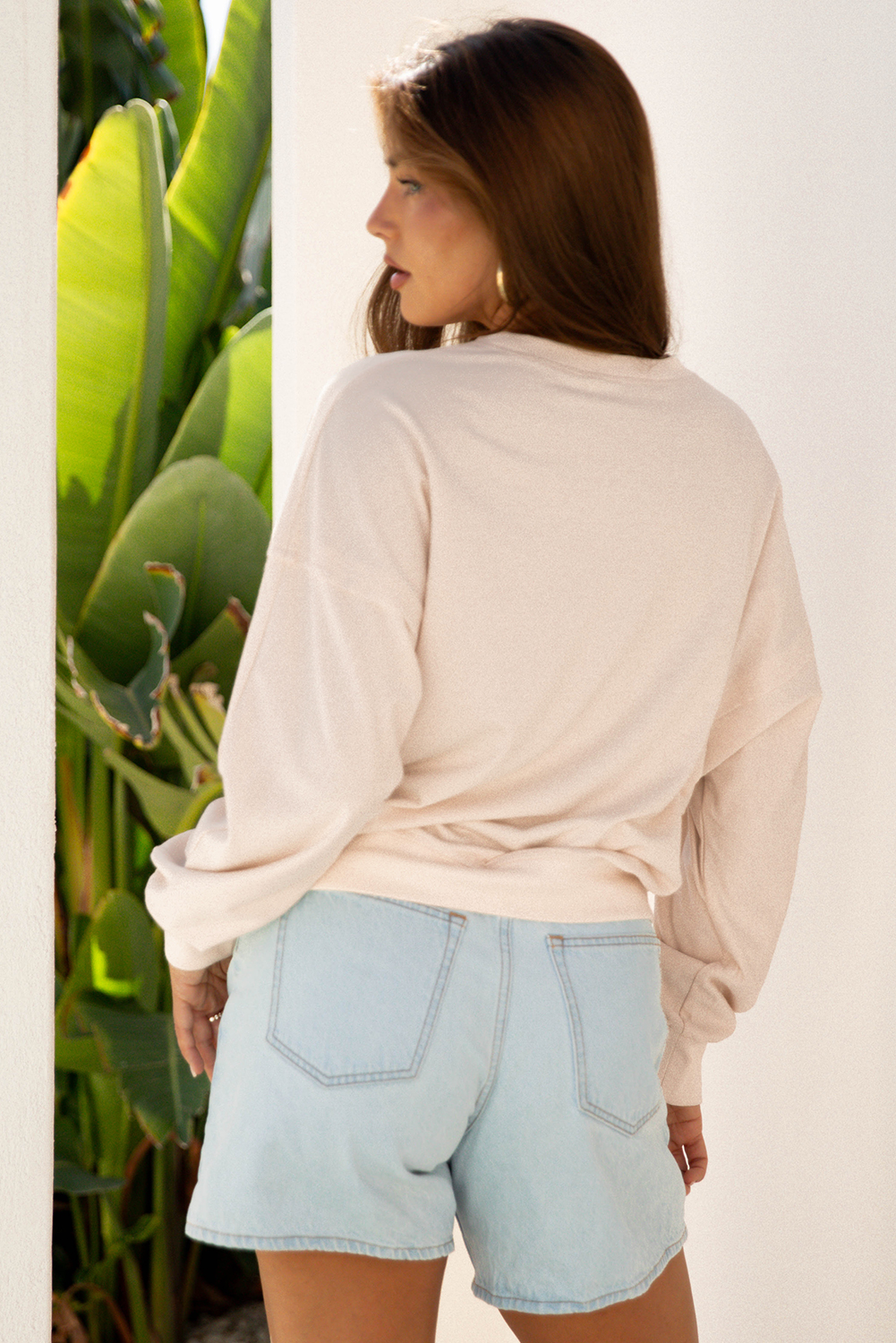Beige Raw Edge Flower Patch Drop Shoulder Casual Top - loveforevers