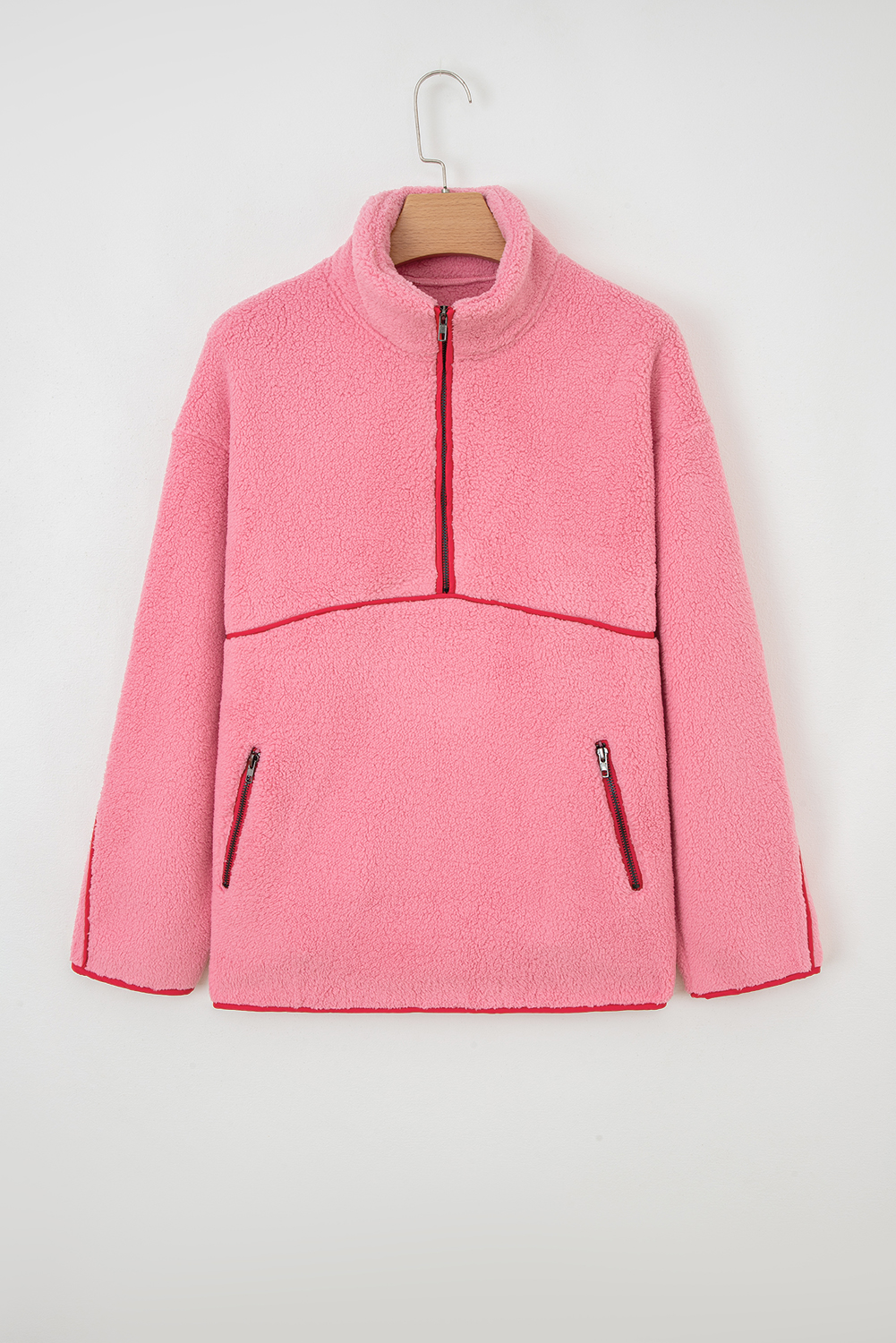 Strawberry Pink Sherpa Contrast Faux Leather Trim Half Zip Pocketed Pullover Sweatshirt - loveforevers