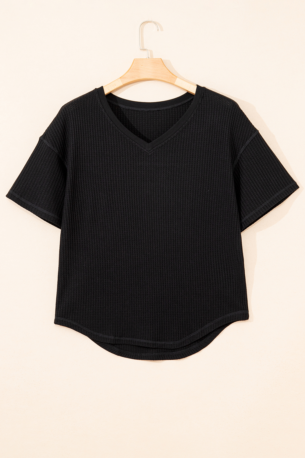 Black Waffle Texture Ribbed V Neck Drop Shoulder Loose Tee - loveforevers