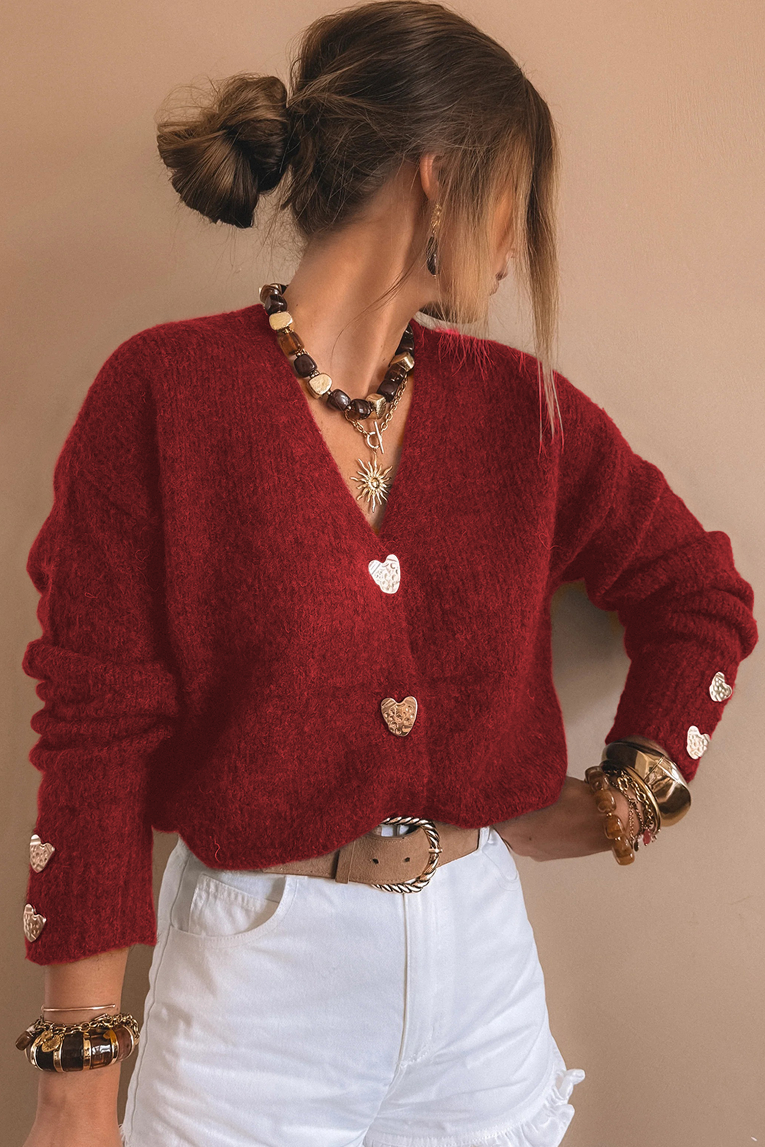 Fiery Red Heart Metal Button V Neck Cardigan Sweater - loveforevers