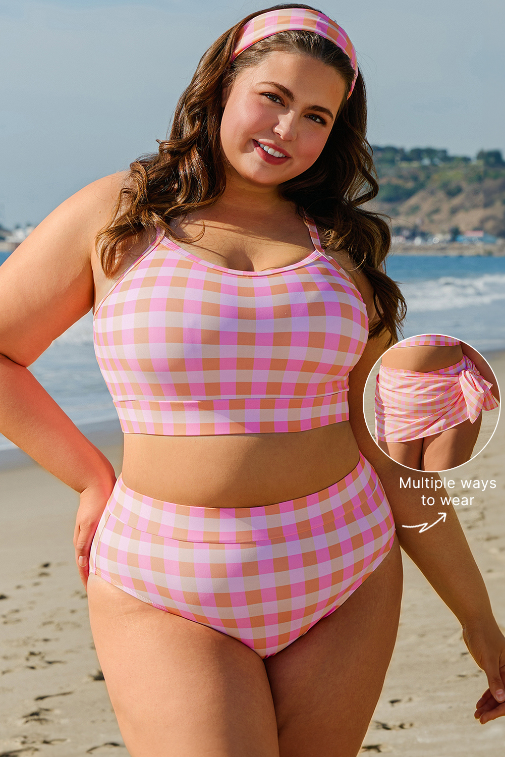 Pink Plus Size Plaid Print High Waist Bikini Set - loveforevers