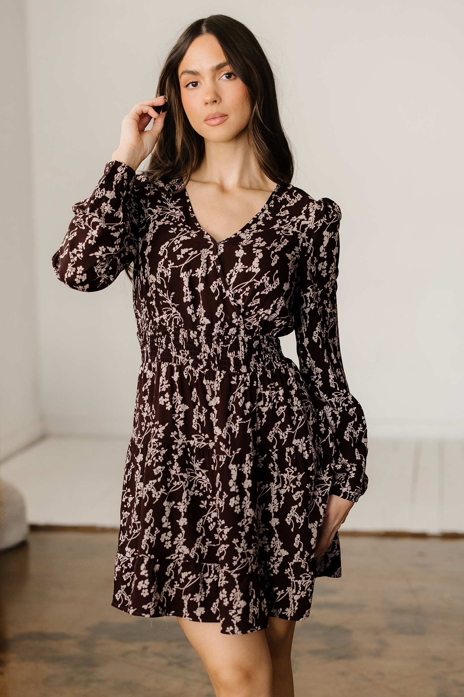 Brown Ditsy Floral Print Split Neck Long Sleeve Shirred Waist Flared Mini Dress - loveforevers