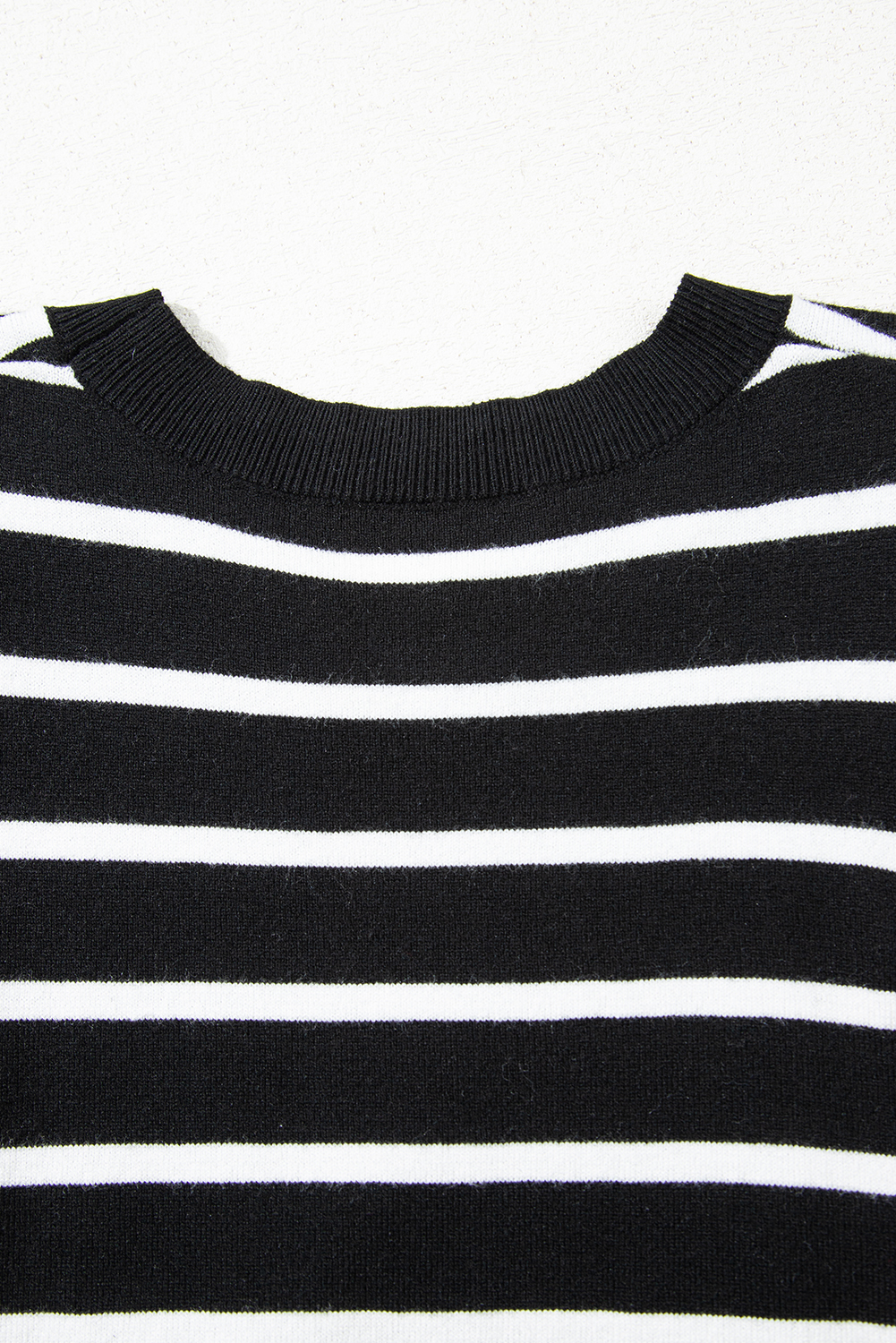 Blue Stripe Ribbed Trim Round Neck Bubble Sleeve Knitted Top - loveforevers
