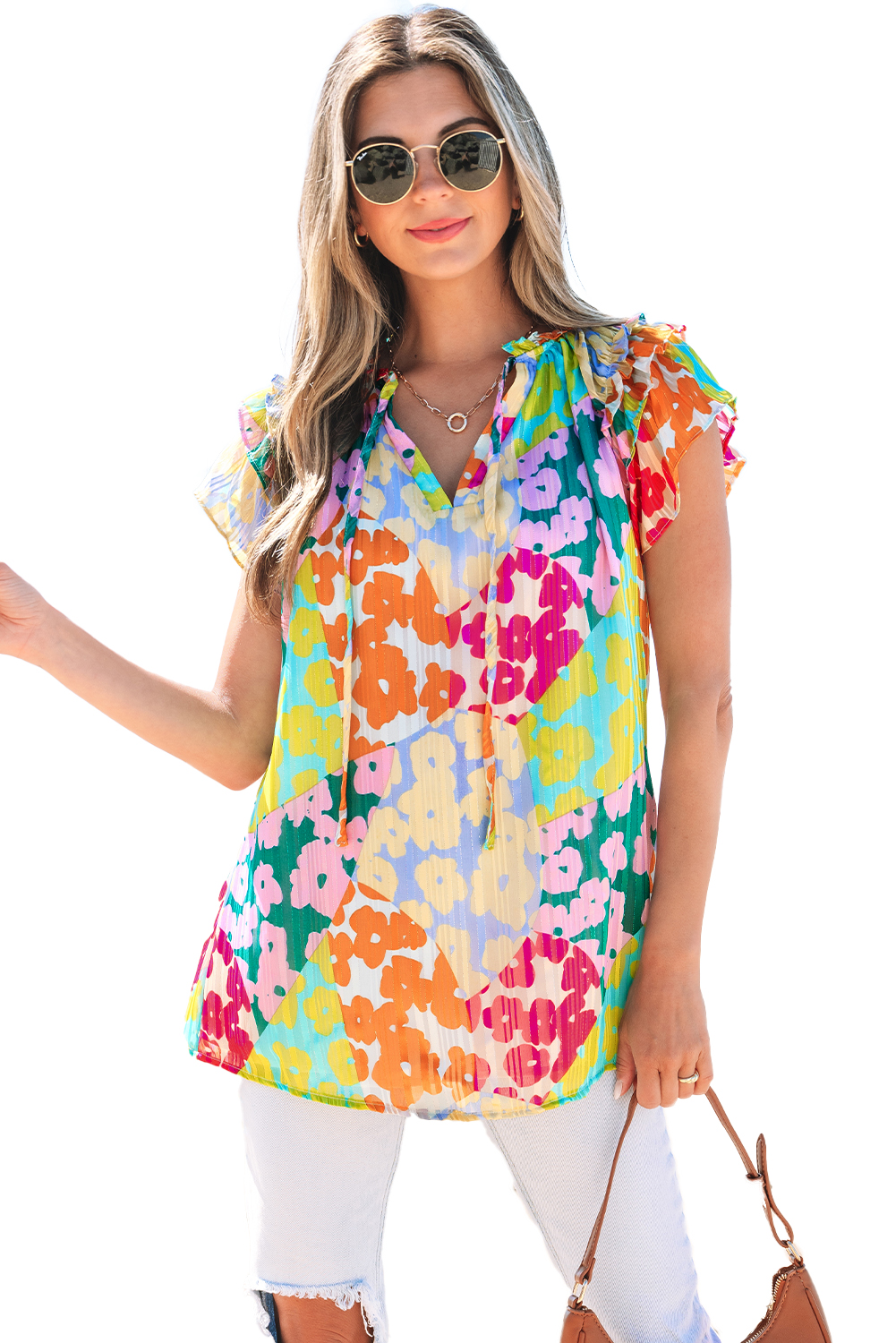 Multicolour Leopard Flutter Sleeve V Neck Crinkled Blouse - loveforevers
