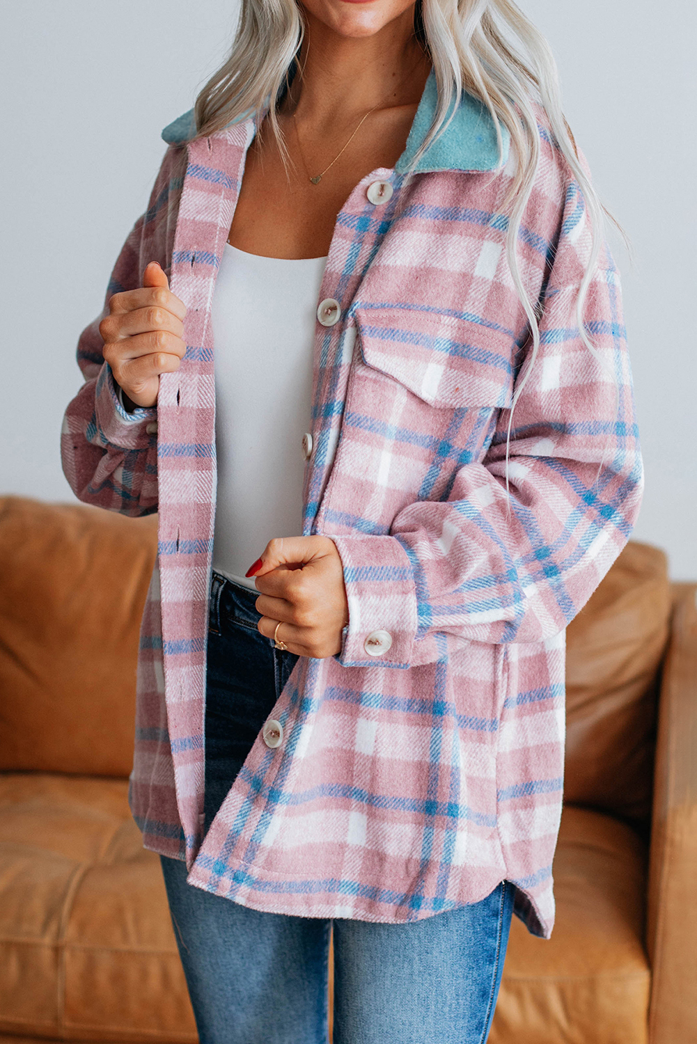 Pink Plaid Print Color Block Collared Flap Pockets Loose Shacket - loveforevers