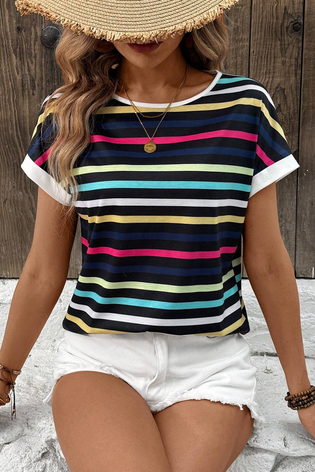 Black Stripe Multicolor Contrast Edge Crew Neck T Shirt - loveforevers