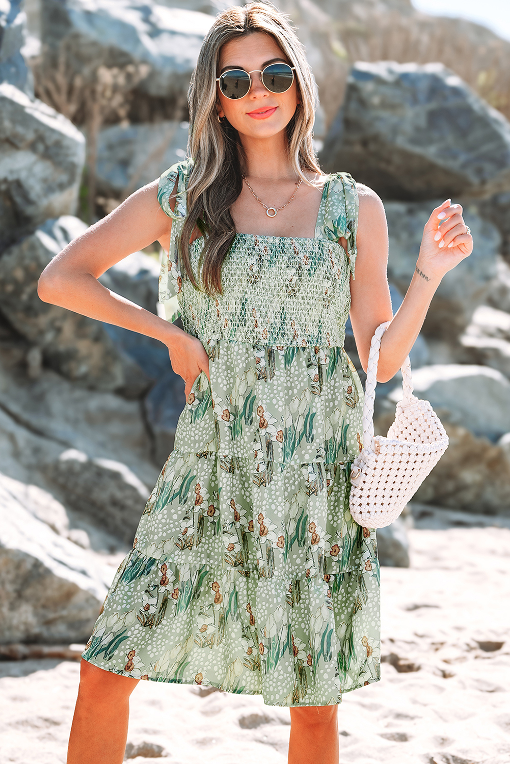 Gray Floral Knotted Strap Smocked Tiered Ruffle Mini Dress - loveforevers