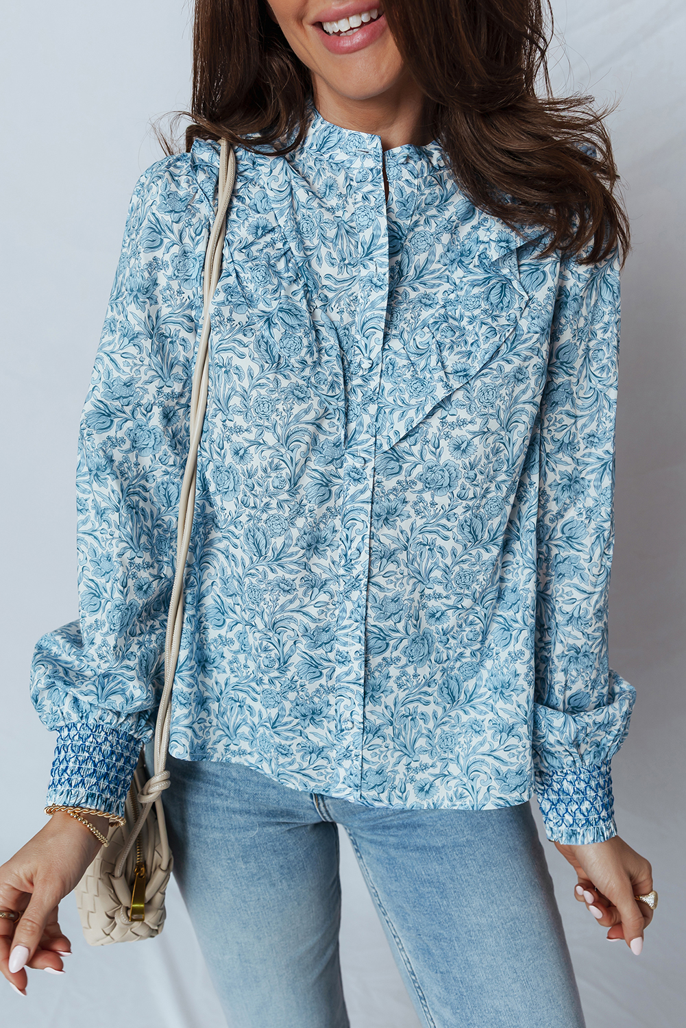 Sky Blue All Over Floral Puff Sleeve Shirt - loveforevers