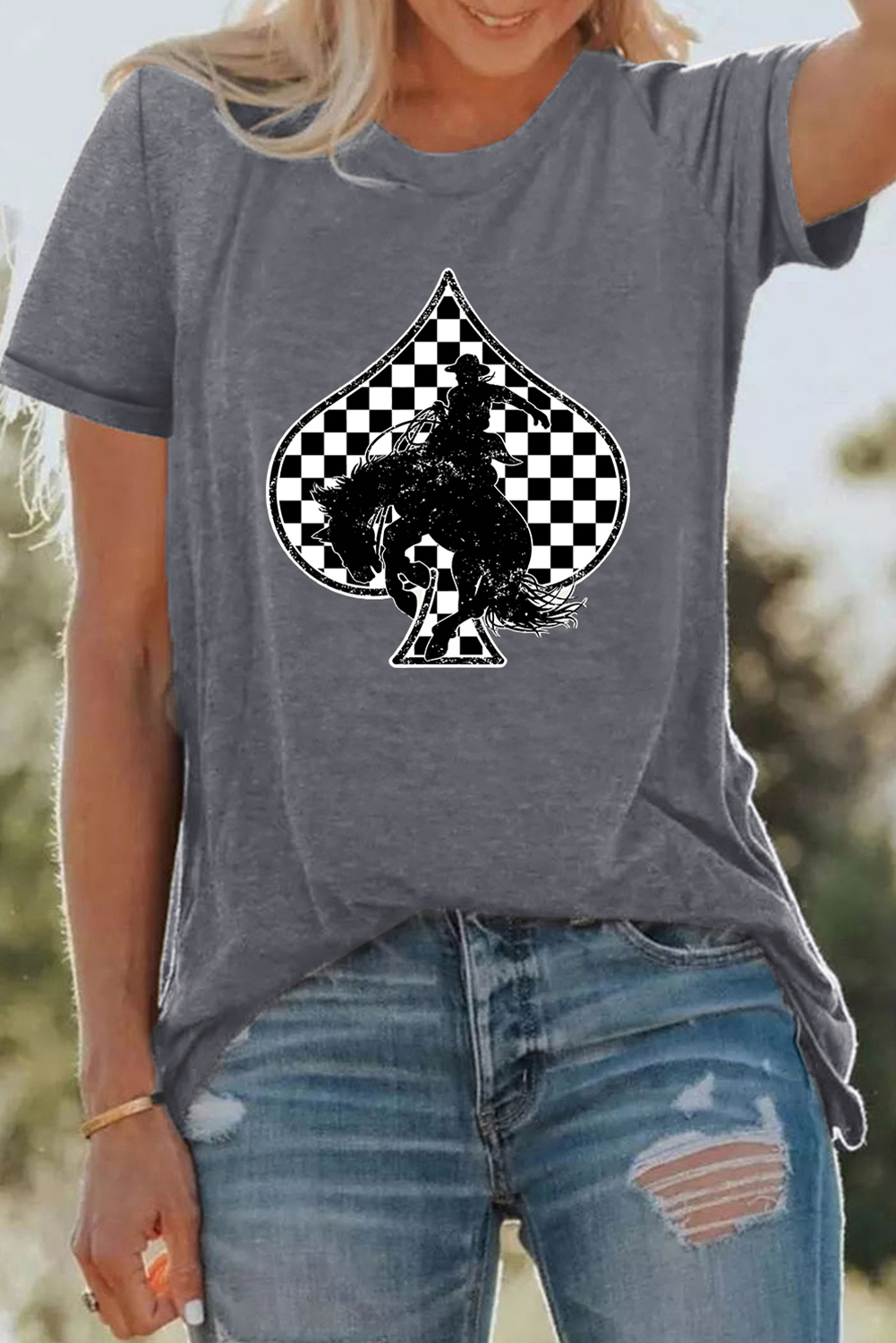 Gray Redeo Check Spades Western Graphic T Shirt - loveforevers