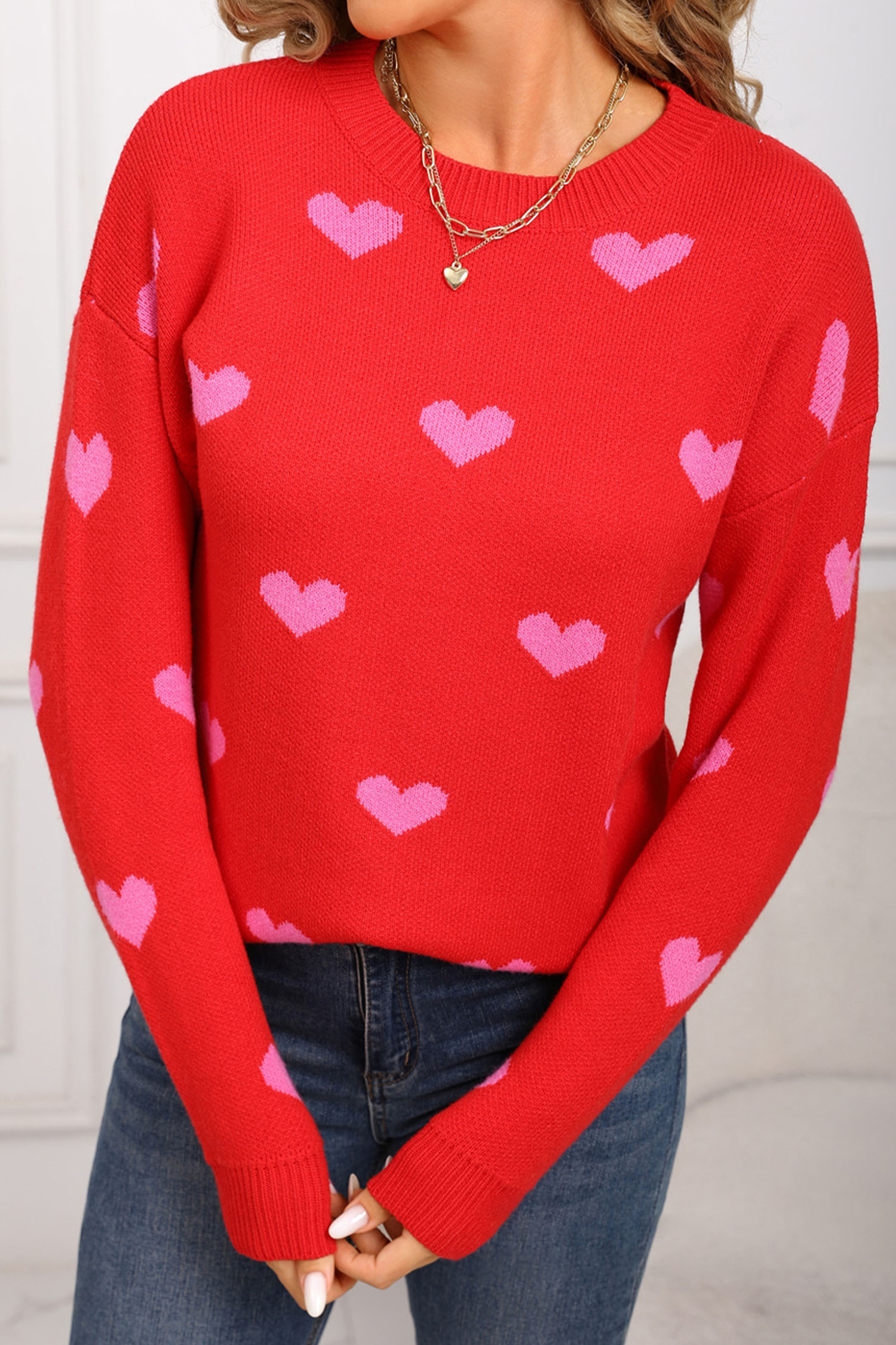 White Classic Round Neck Drop Shoulder Heart Print Sweater - loveforevers