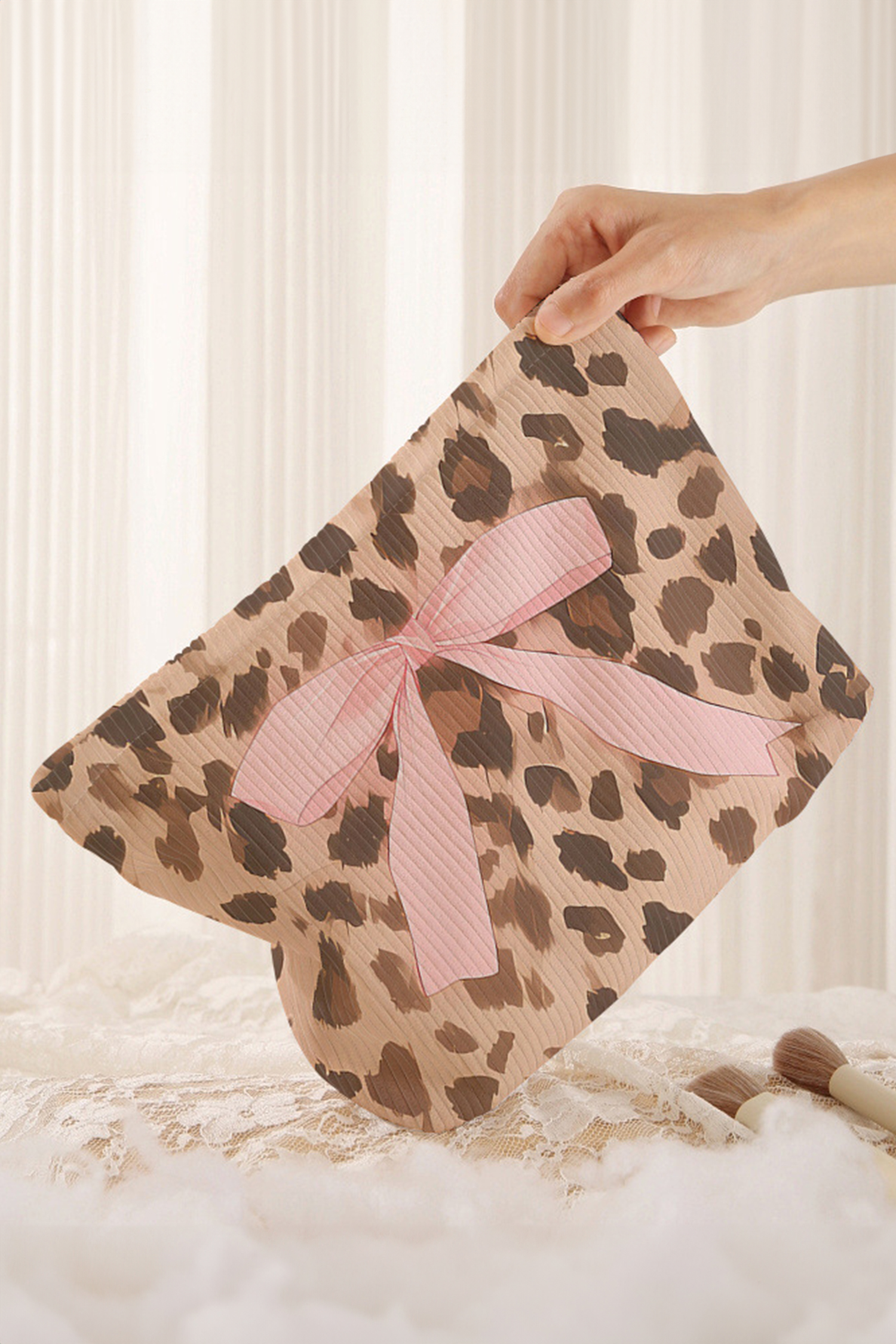 Camel Ribbon Bow Leopard Print Ribbed Cloth Makeup Bag - loveforevers