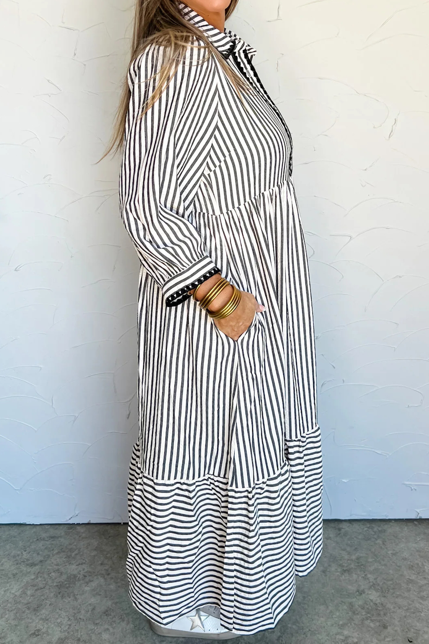 Black Stripe Scallop Trim Shirt Collar Half Button 3/4 Sleeve Long Dress - loveforevers