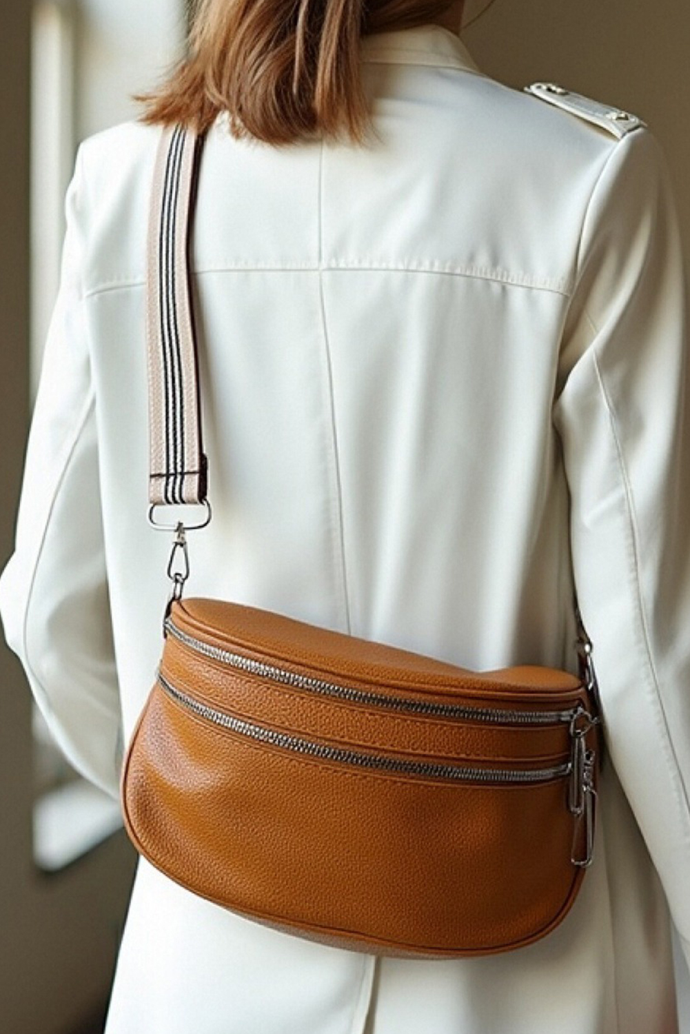 Chestnut PU Leather Double Zipper Crossbody Bag - loveforevers
