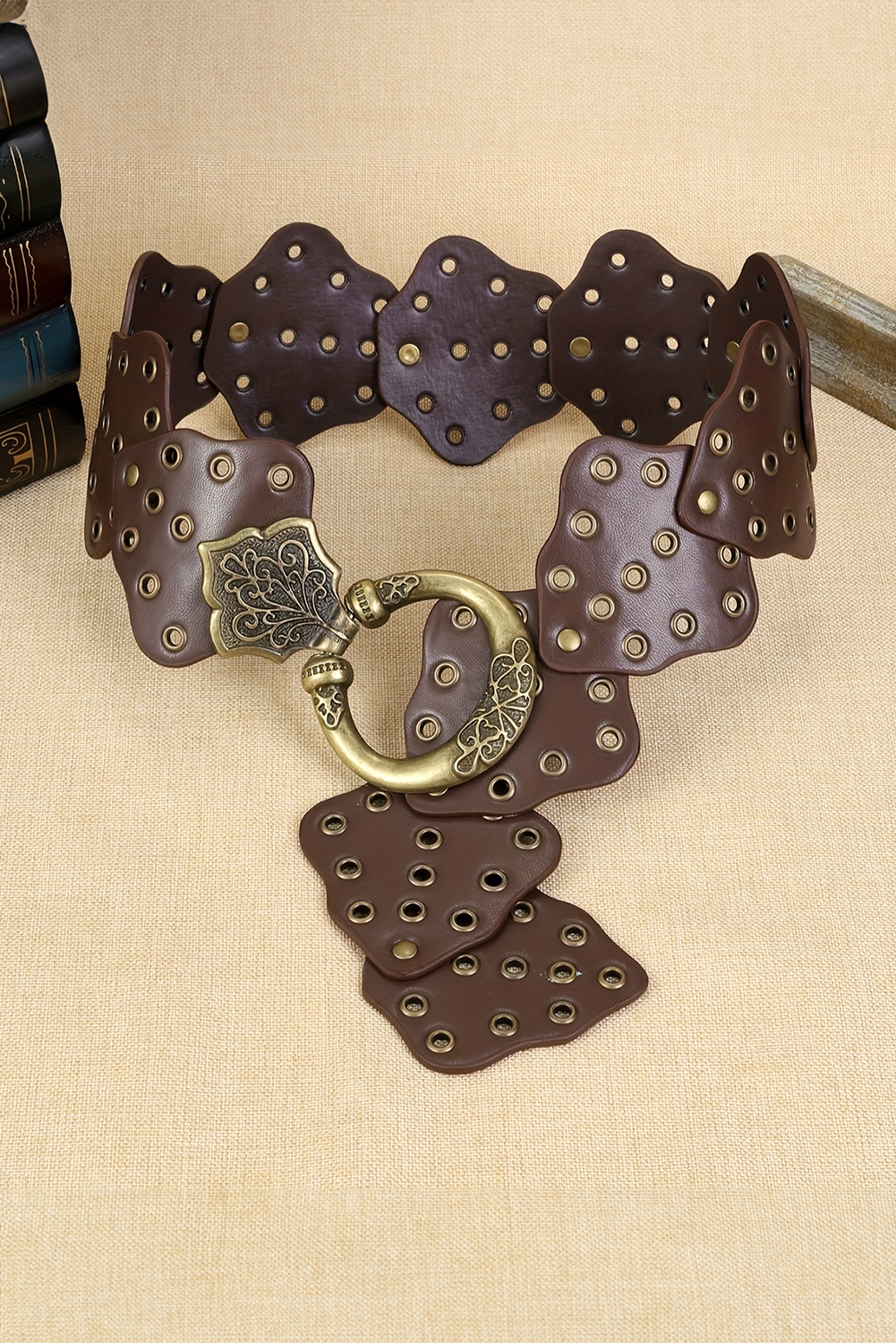 Chestnut Y2K Antique Bronze Circle Grommet Detail Western Leather Belt - loveforevers