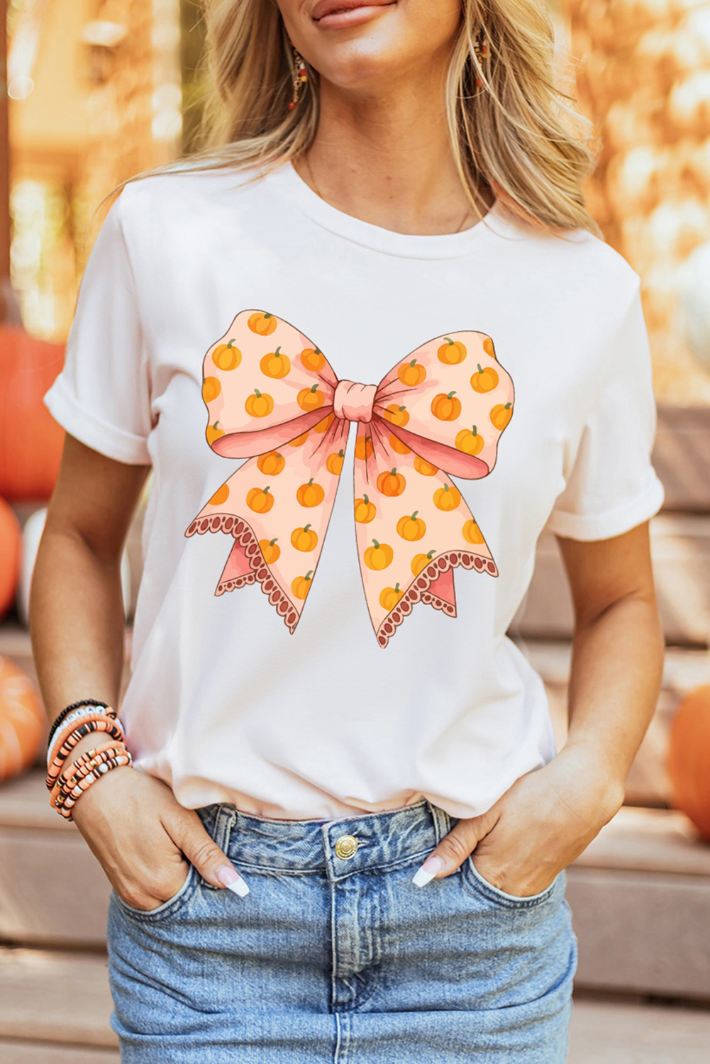 White Pumpkin Bow Print Thanksgiving T Shirt - loveforevers