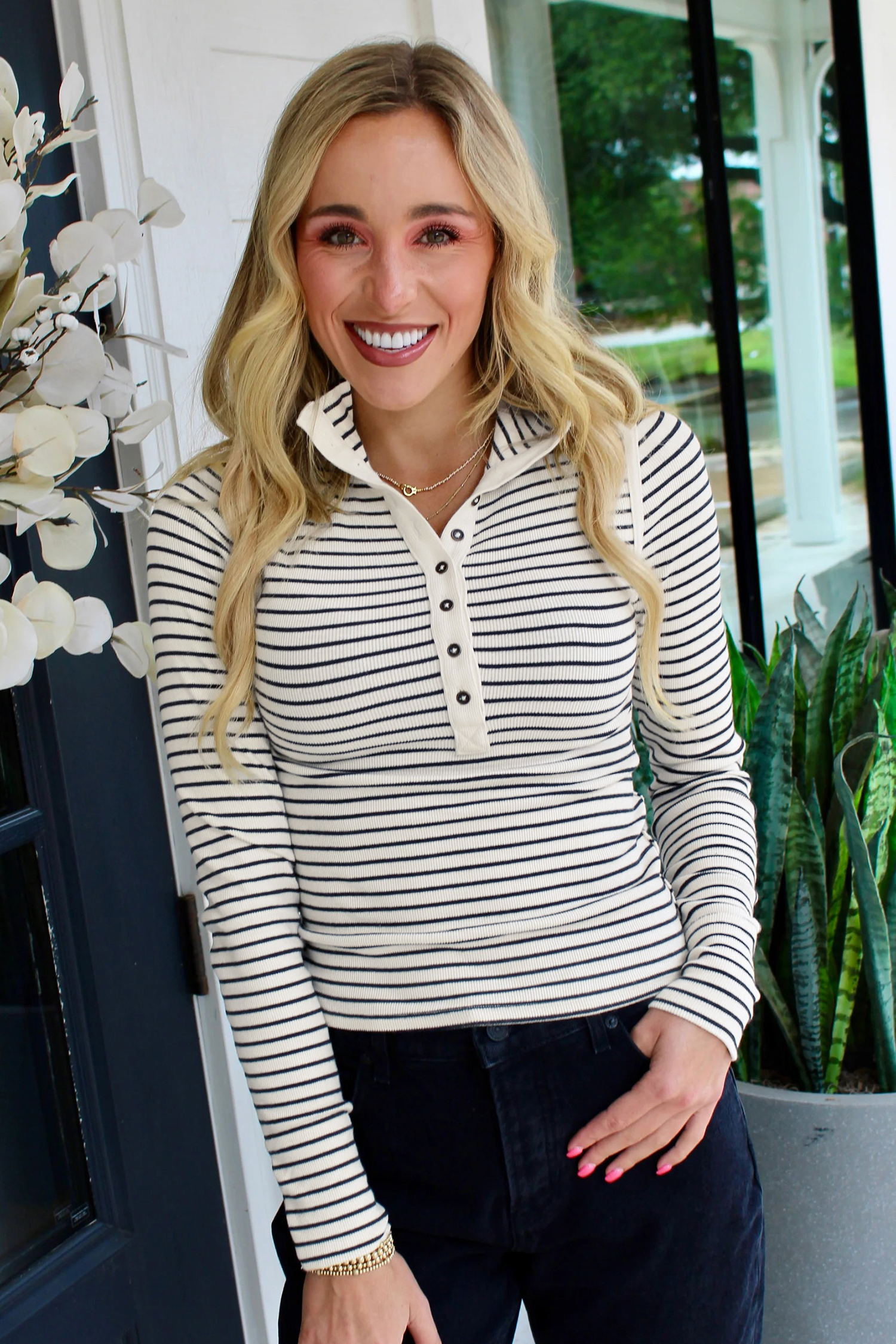 Black Stripe Ribbed Knit Half Button Long Sleeve Slim Top - loveforevers