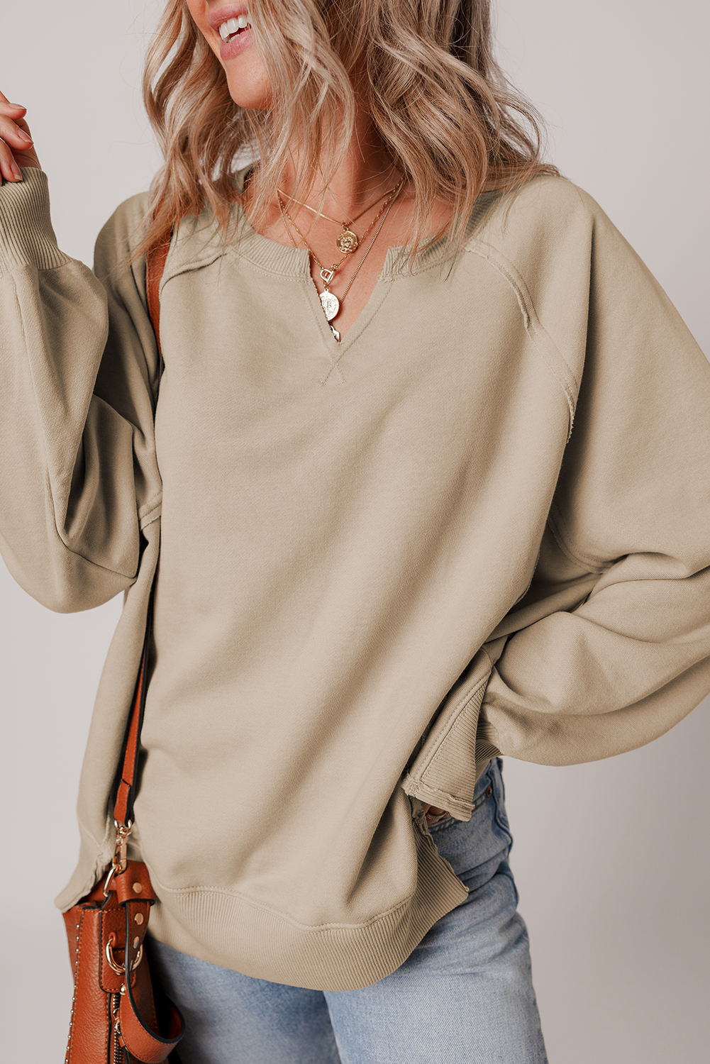 Parchment Raw Edge Exposed Seam Raglan Sleeve Side Slit Sweatshirt - loveforevers