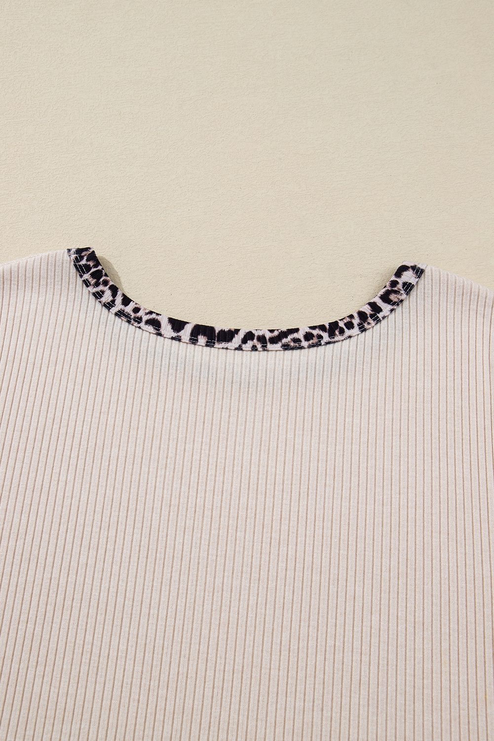 Parchment Ribbed Contrast Leopard Edge Round Neck Plus Knit Top - loveforevers
