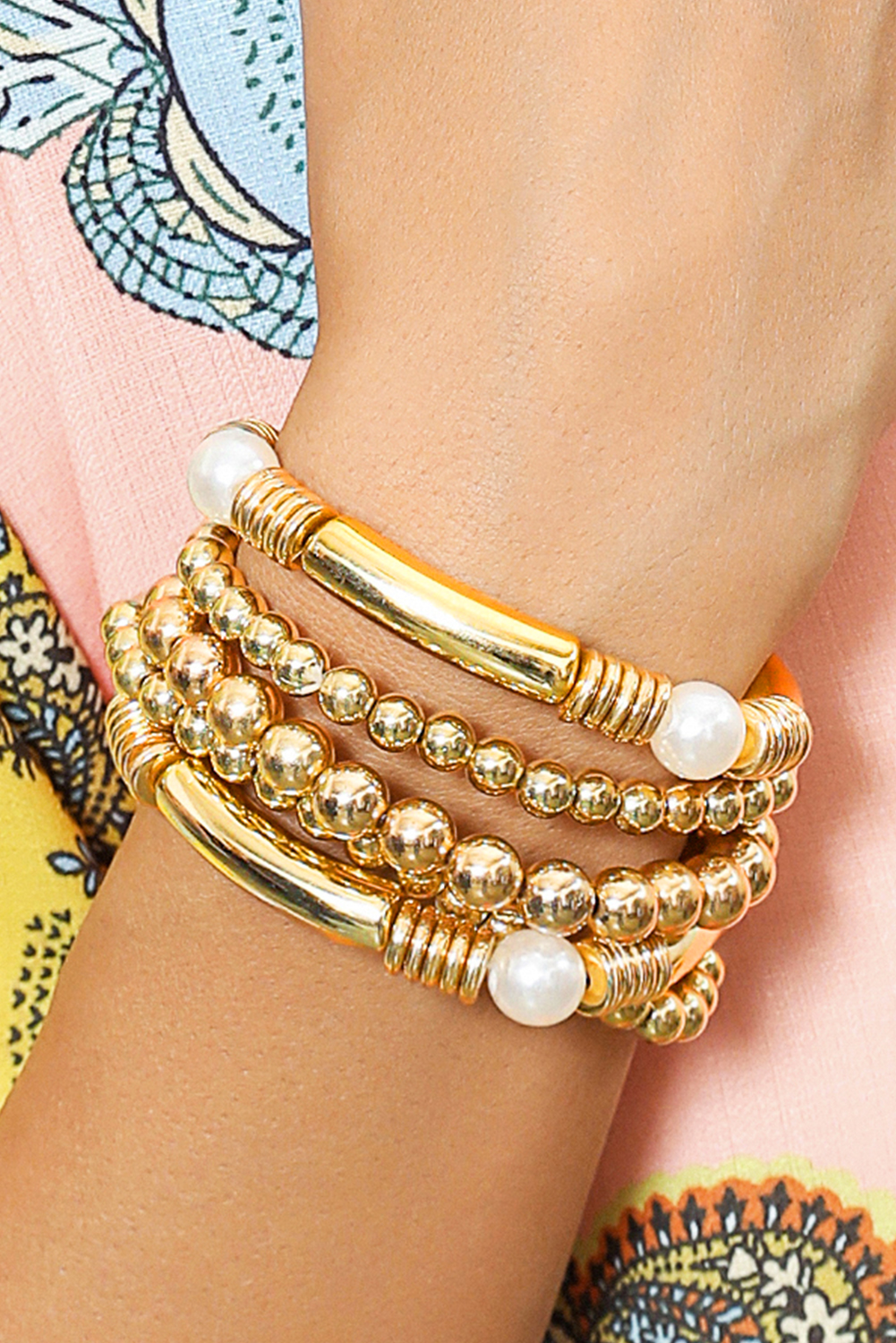 Gold 5pcs Pearl Plated Beaded Bracelet Set - loveforevers