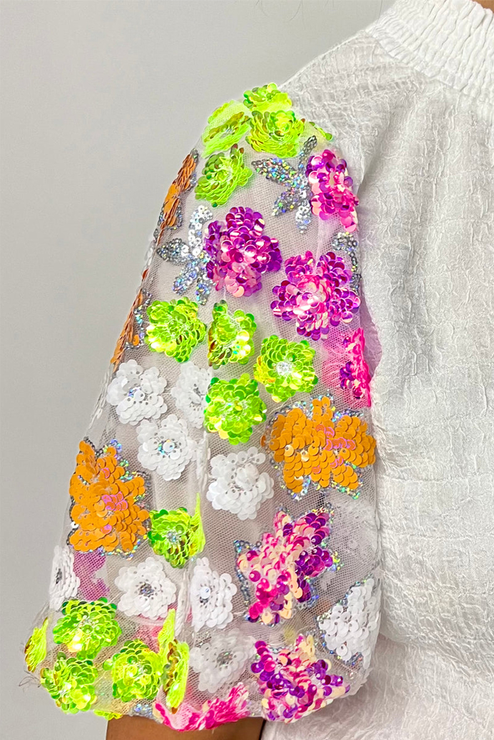 White Smocked Collar Sequin Flower Puff Sleeve Textured Top - loveforevers