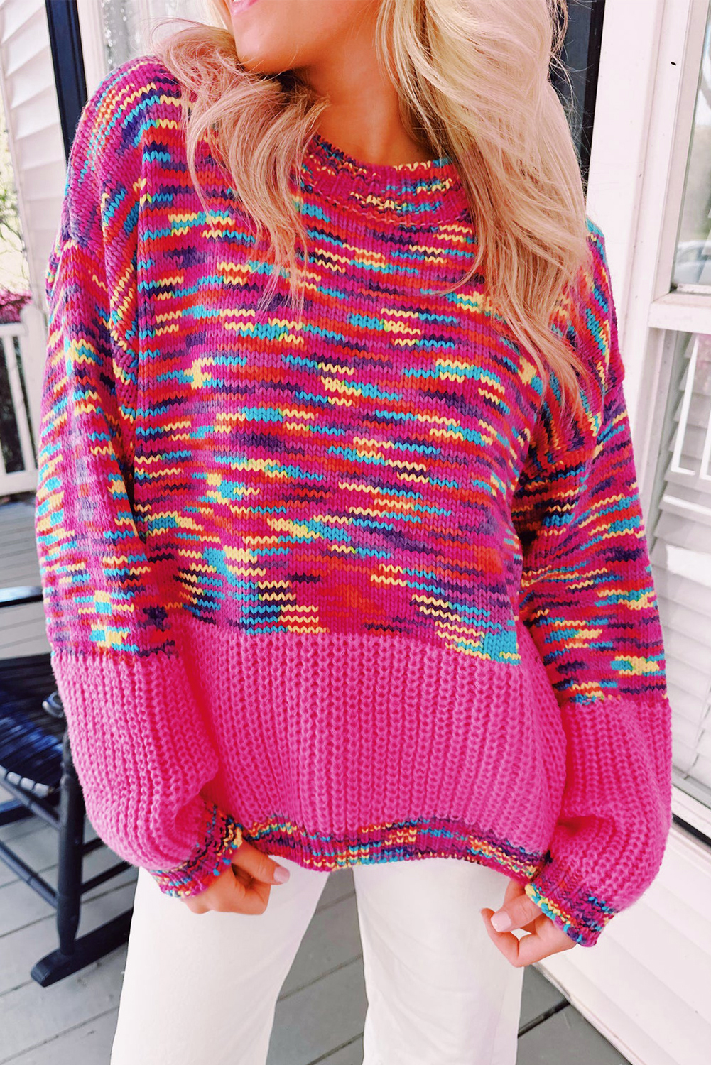 Bright Pink Rainbow Confetti Drop Shoulder Sweater - loveforevers