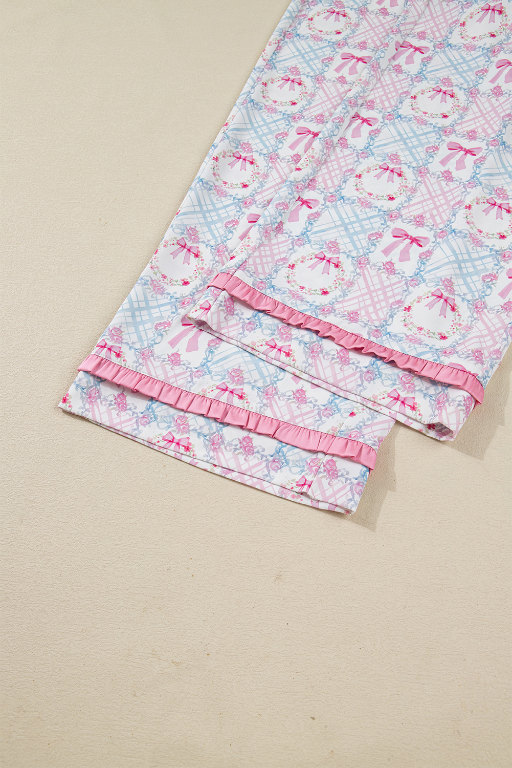 Pink Bow Wreath Pattern Christmas Holiday Tied Front Long Sleeve 2pcs Pajama Set - loveforevers