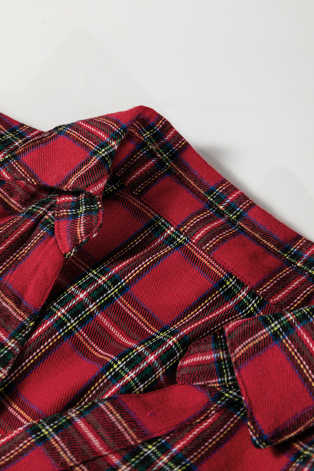 Red Plaid Shirt Collar Half Button Ruffle Hem Long Sleeve Mini Dress - loveforevers