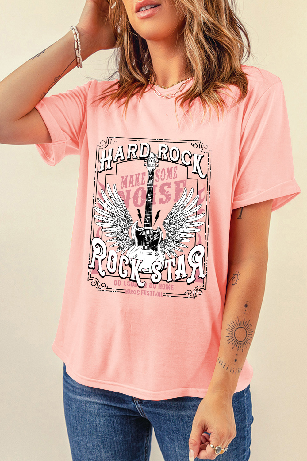 Pink Hard Rock Guitar Print Crew Neck T Shirt - loveforevers