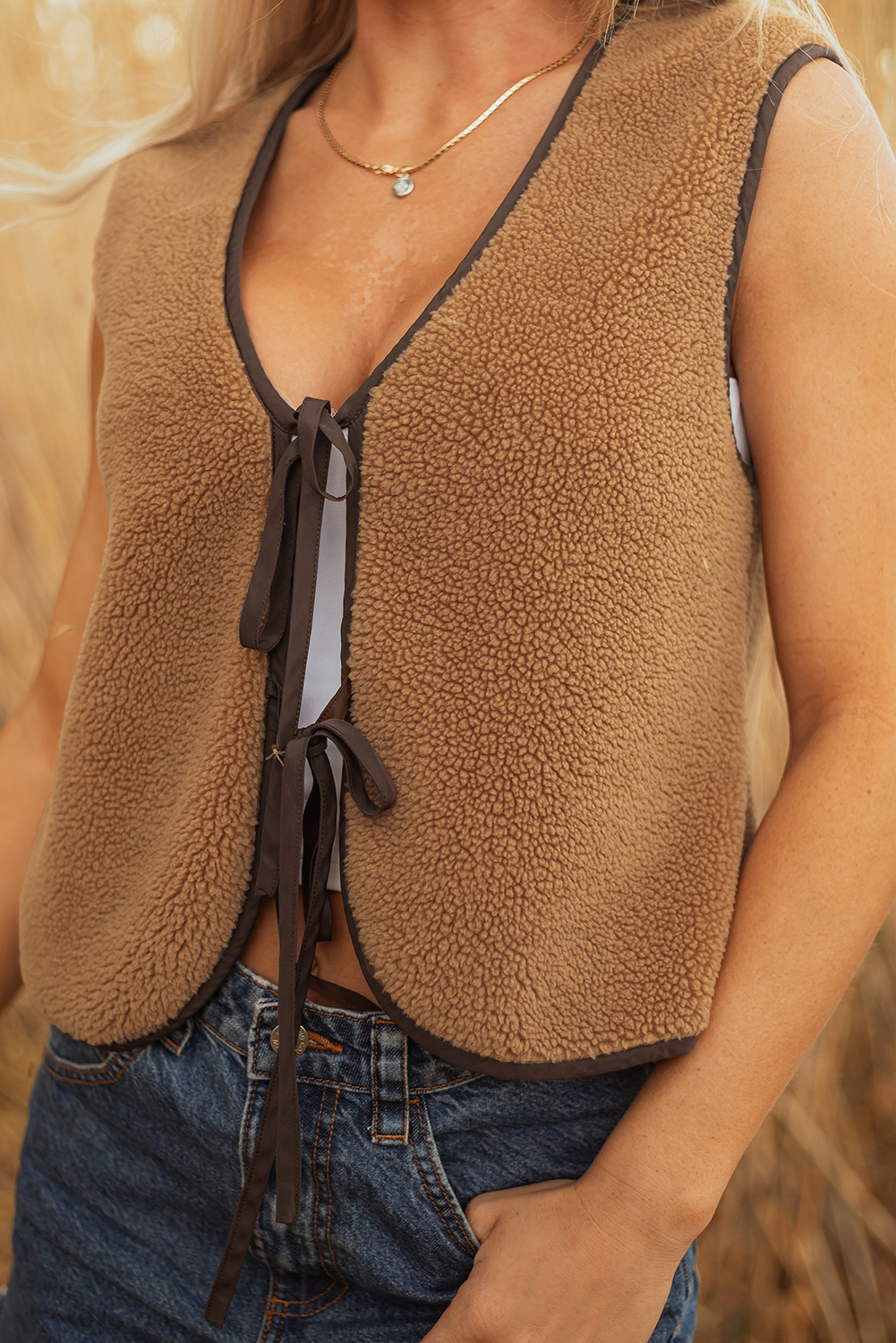 Light French Beige Contrast Trim Tie Front Sherpa Vest - loveforevers