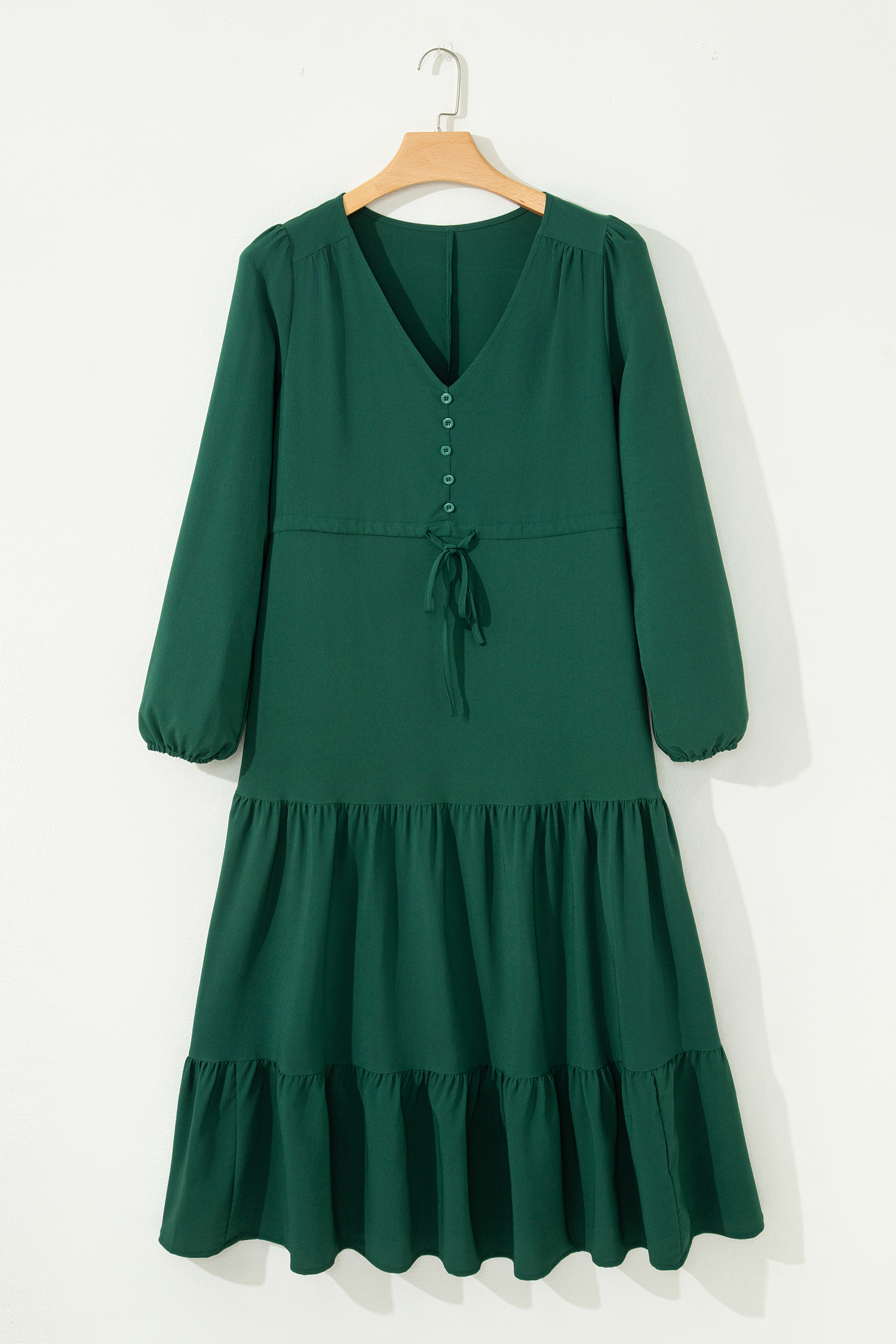 Blackish Green Solid Long Sleeve Button V Neck Tiered Maxi Dress - loveforevers
