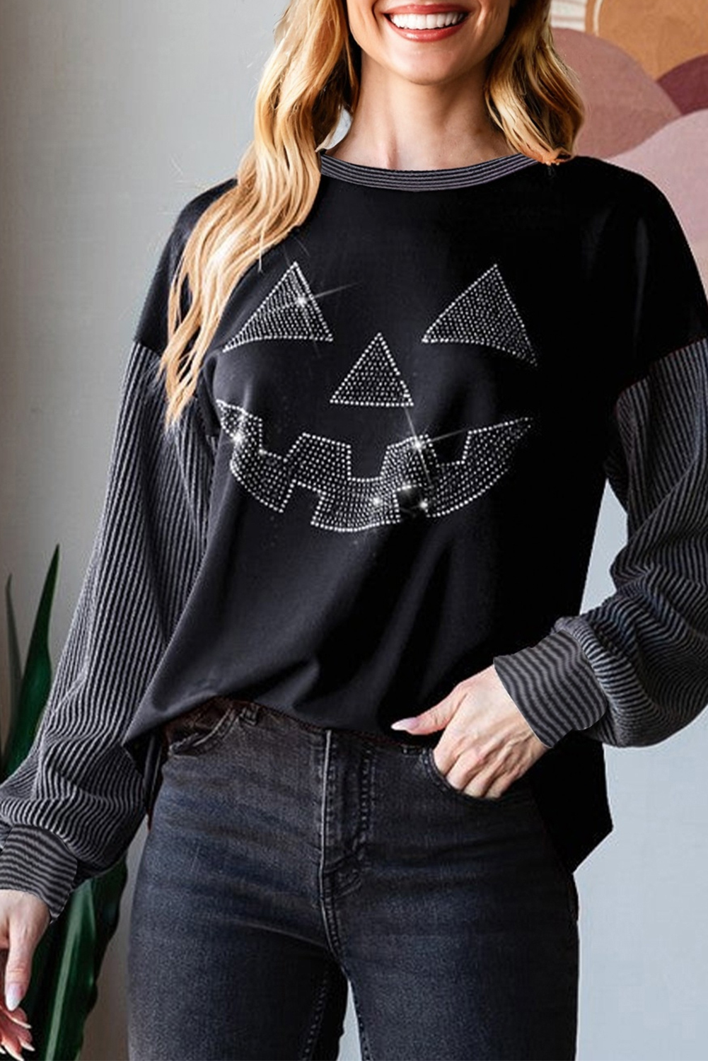 Black Halloween Rhinestone Pumpkin Face Contrast Ribbed Long Sleeve Patchwork Top - loveforevers