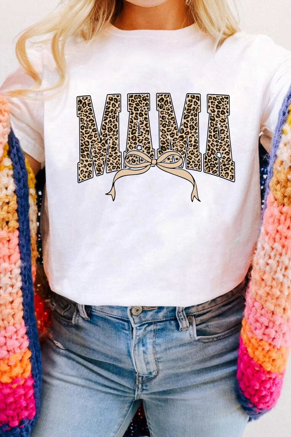 White Leopard Bow MAMA Graphic Crew Neck T Shirt - loveforevers