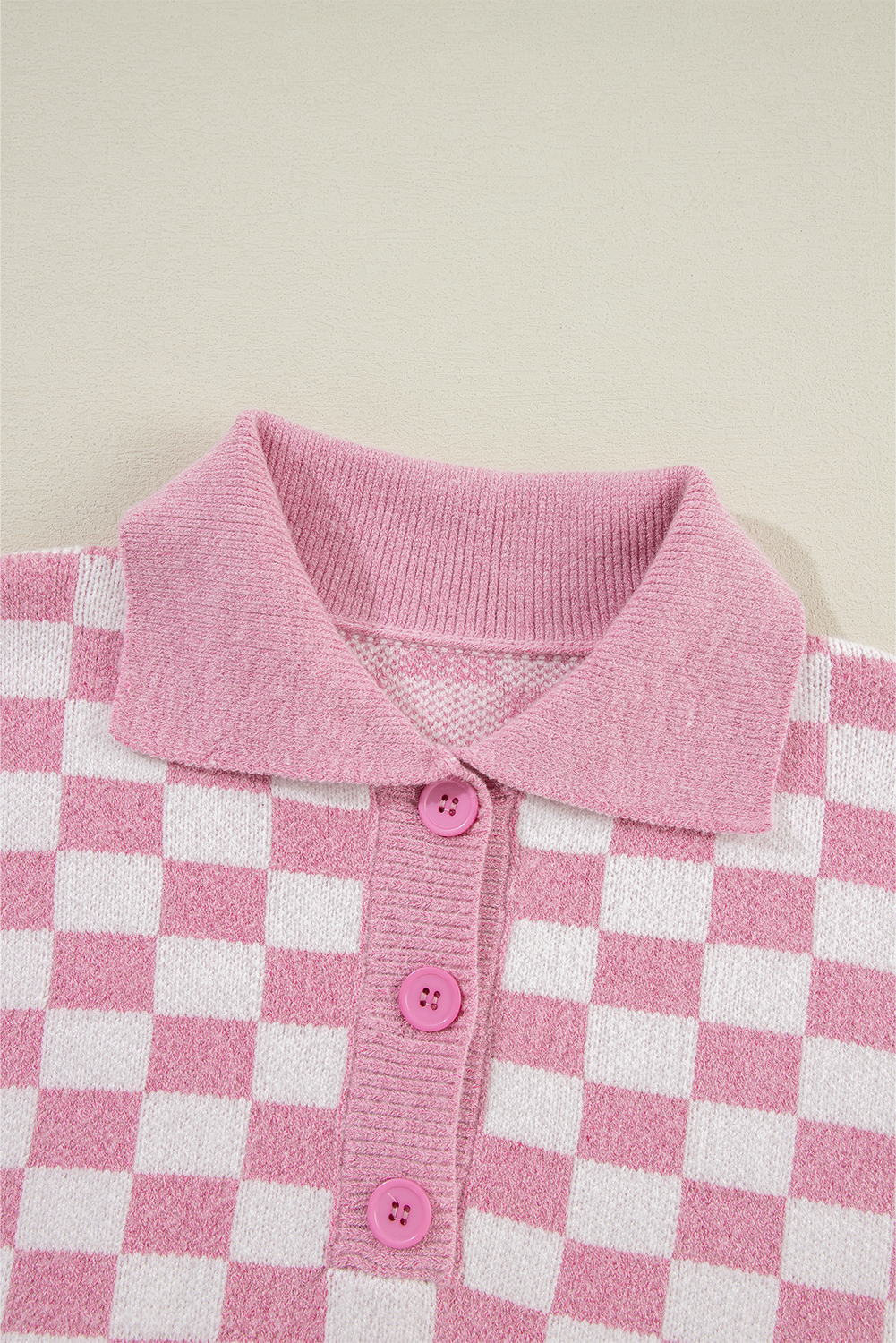 Pink Checkered Buttons Collar V Neck Drop Shoulder Sweater - loveforevers