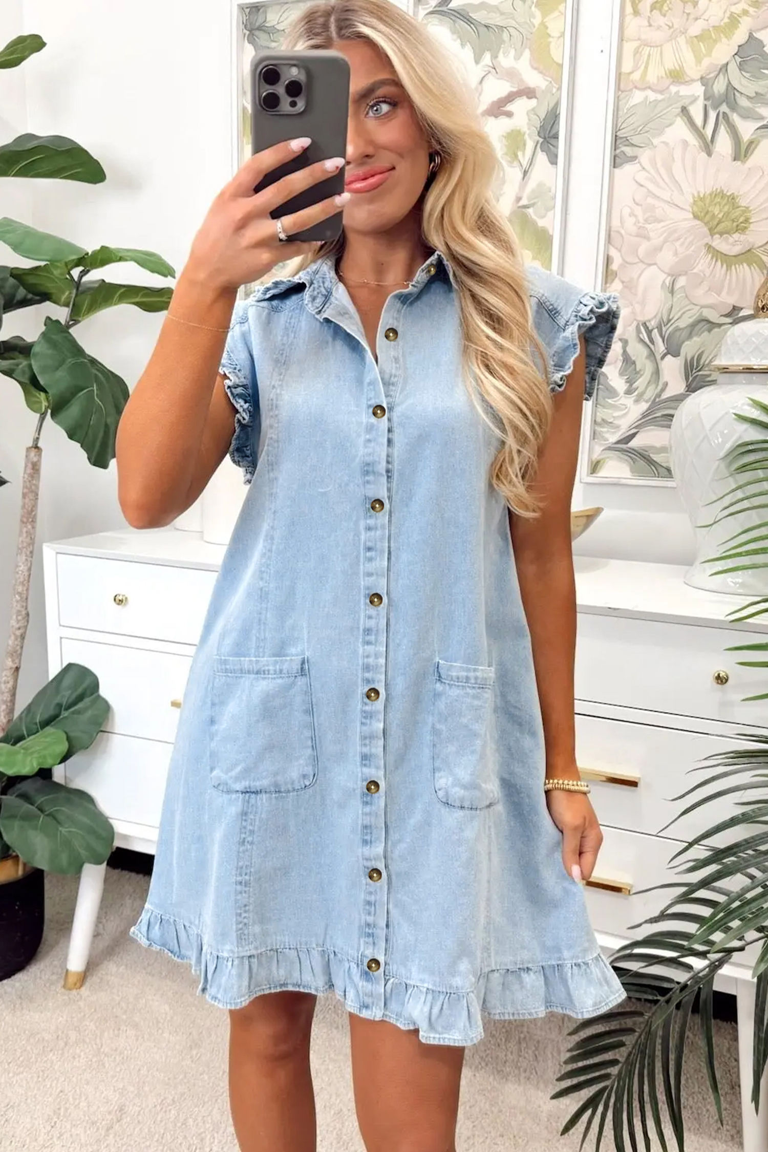 Beau Blue Ruffled Edge Collared Shift Denim Dress with Pockets - loveforevers