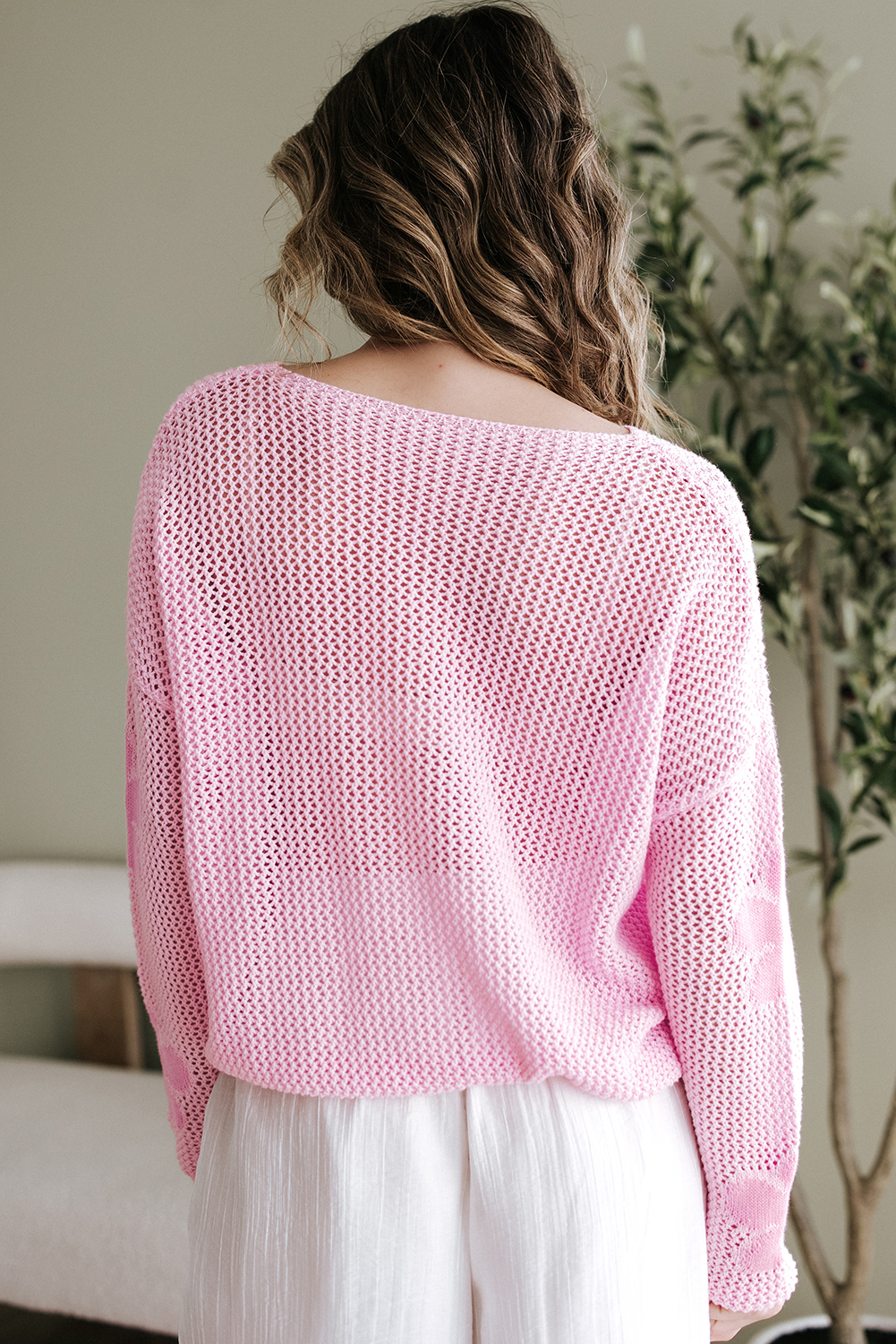 Light Pink Big Flower Hollowed Knit Drop Shoulder Sweater - loveforevers