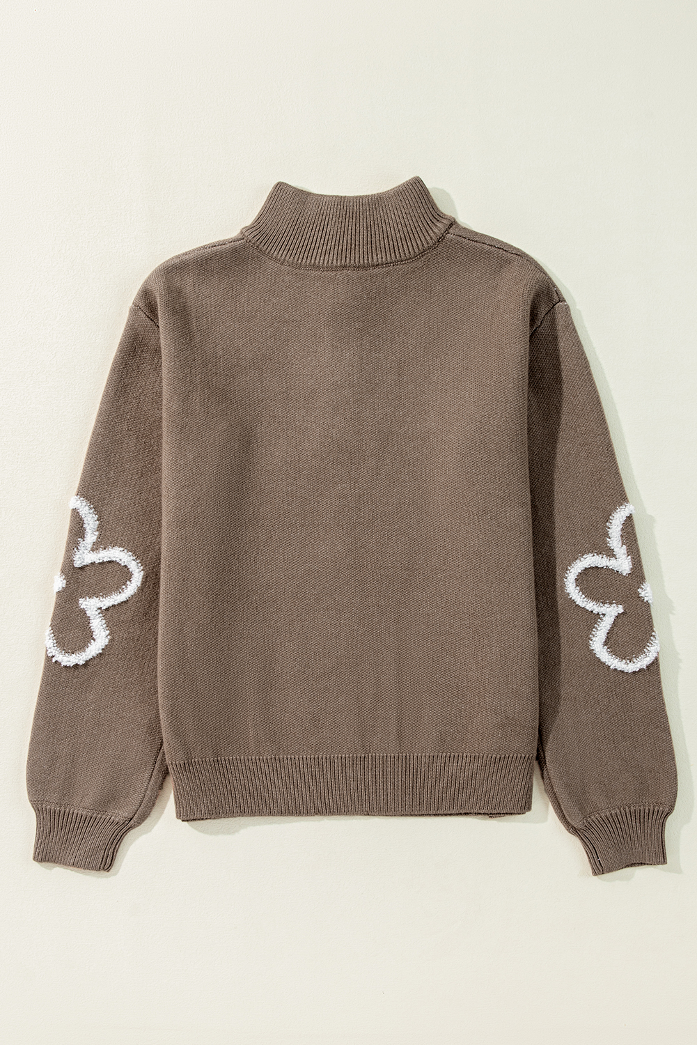 Parchment Contrast Flower Half Zipper Stand Neck Sweater - loveforevers