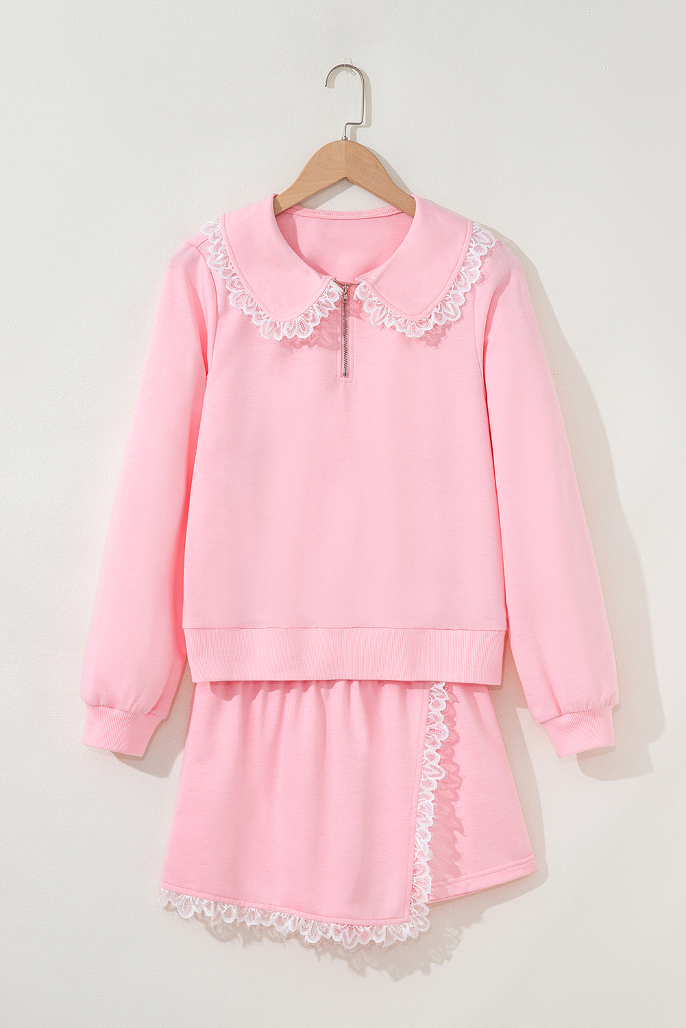 Pink Peter Pan Lace Embellished Neck Collision Sweatshirt and Skirt Two Piece Set - loveforevers