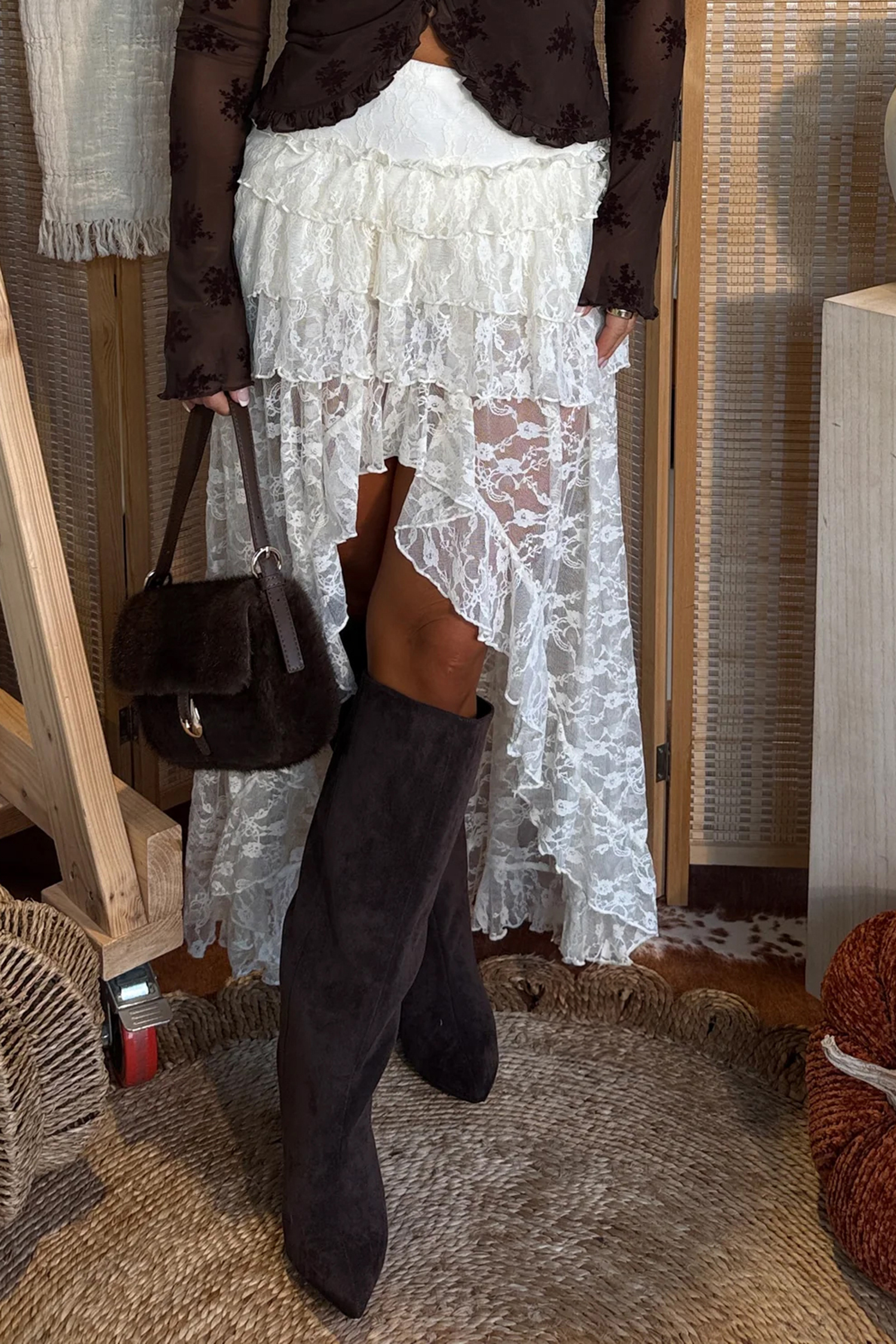 White Sheer Lace Frilly Ruffles High Low Long Skirt - loveforevers