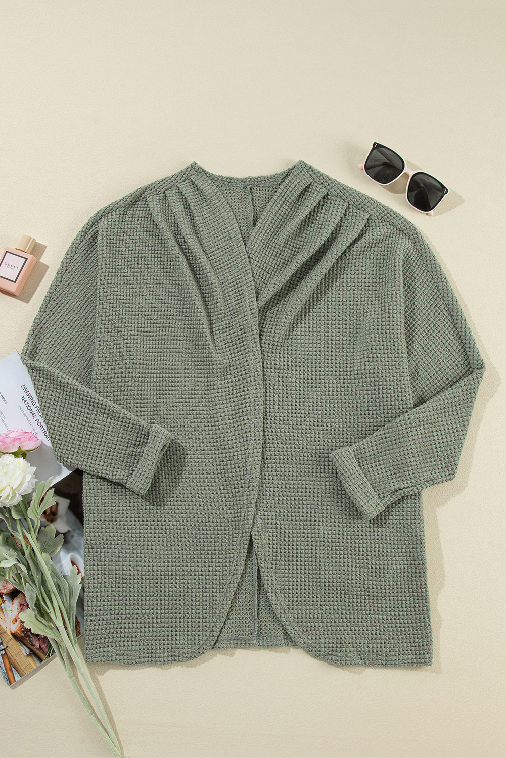 Laurel Green Waffle Knit Open Front Cardigan - loveforevers