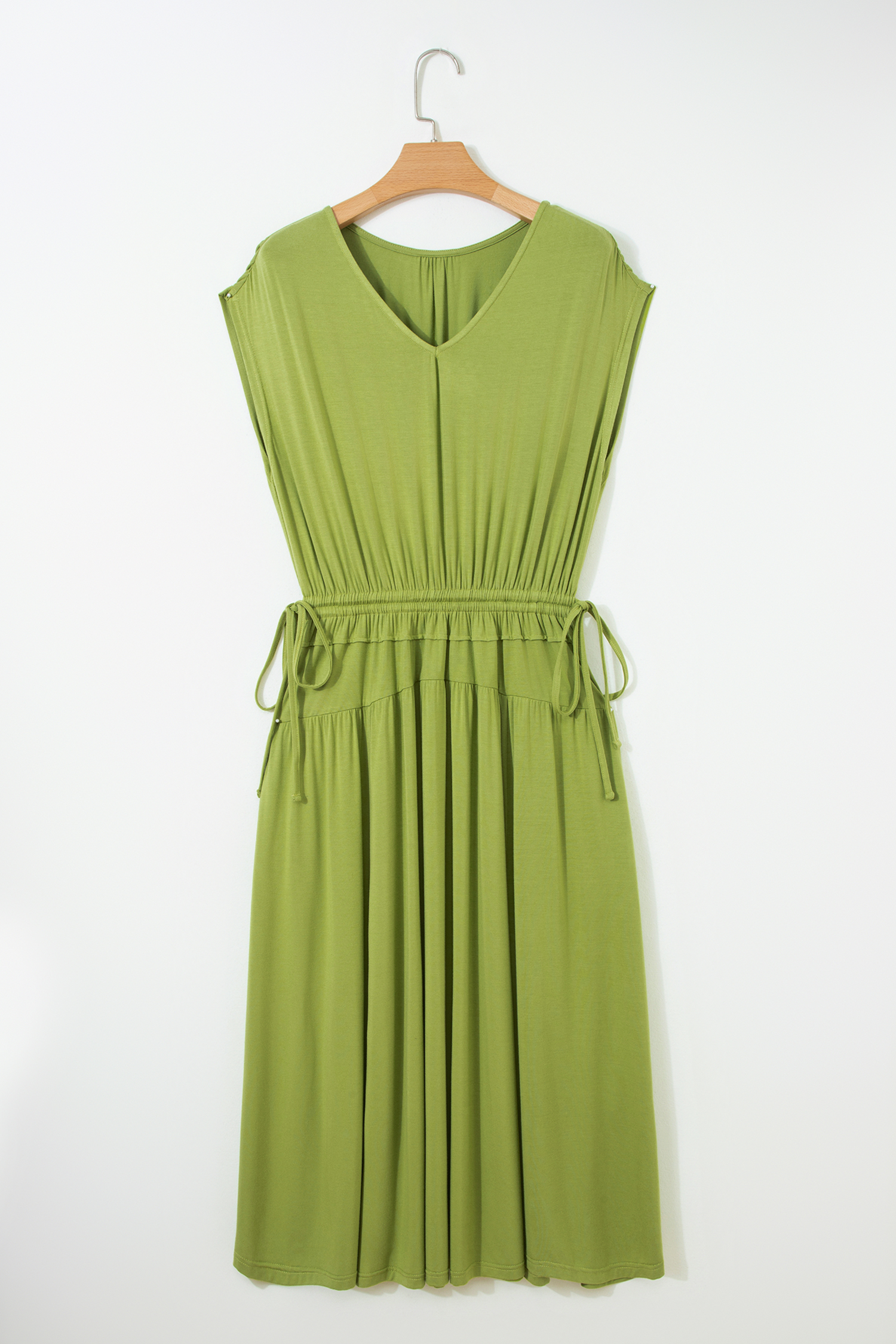Fern Green Solid V Neck Cap Sleeve Tunic Elastic Waist Versatile Maxi Dress - loveforevers