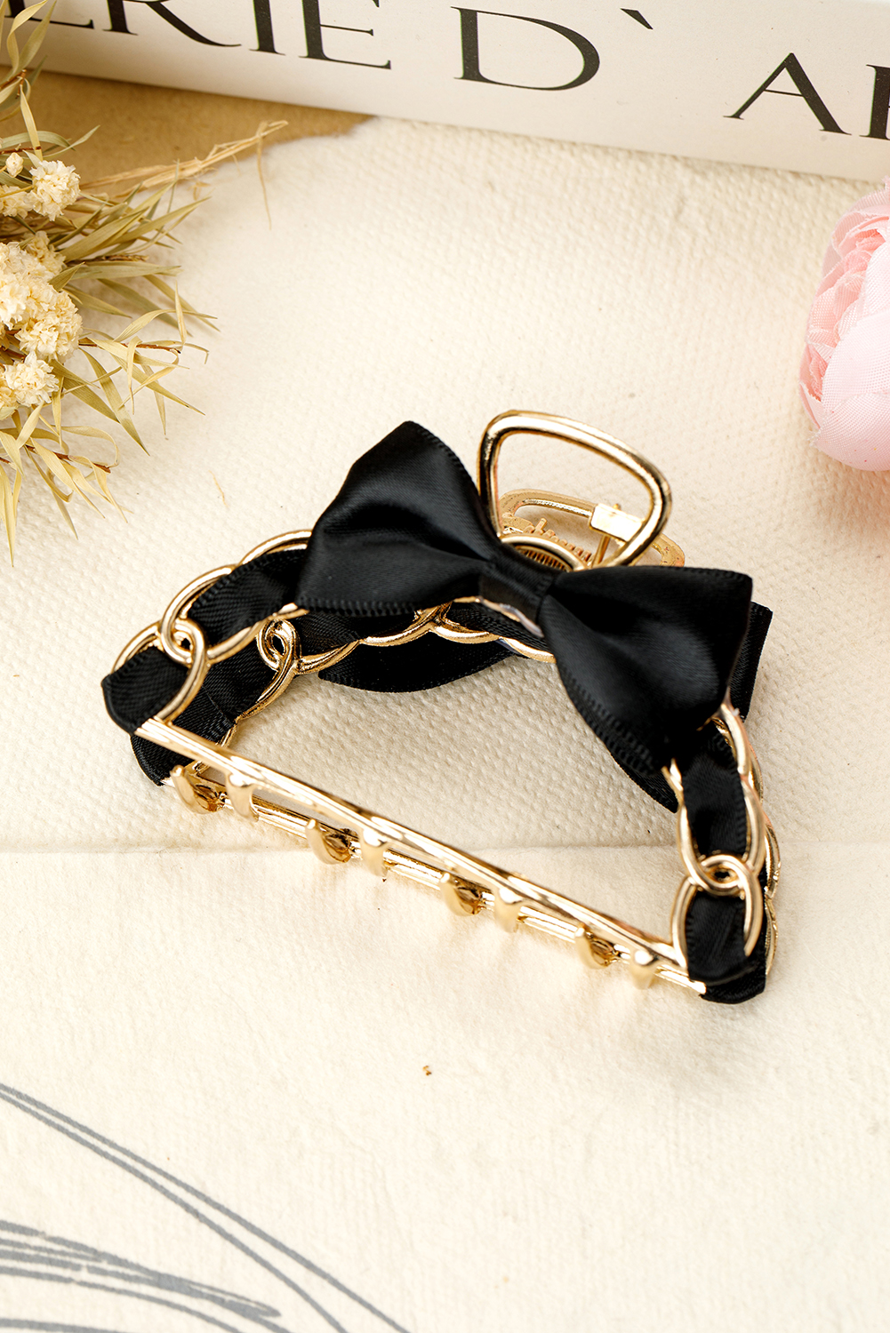 Black Ribbon Bow Detail Contrast Alloy Hair Claw Clip - loveforevers